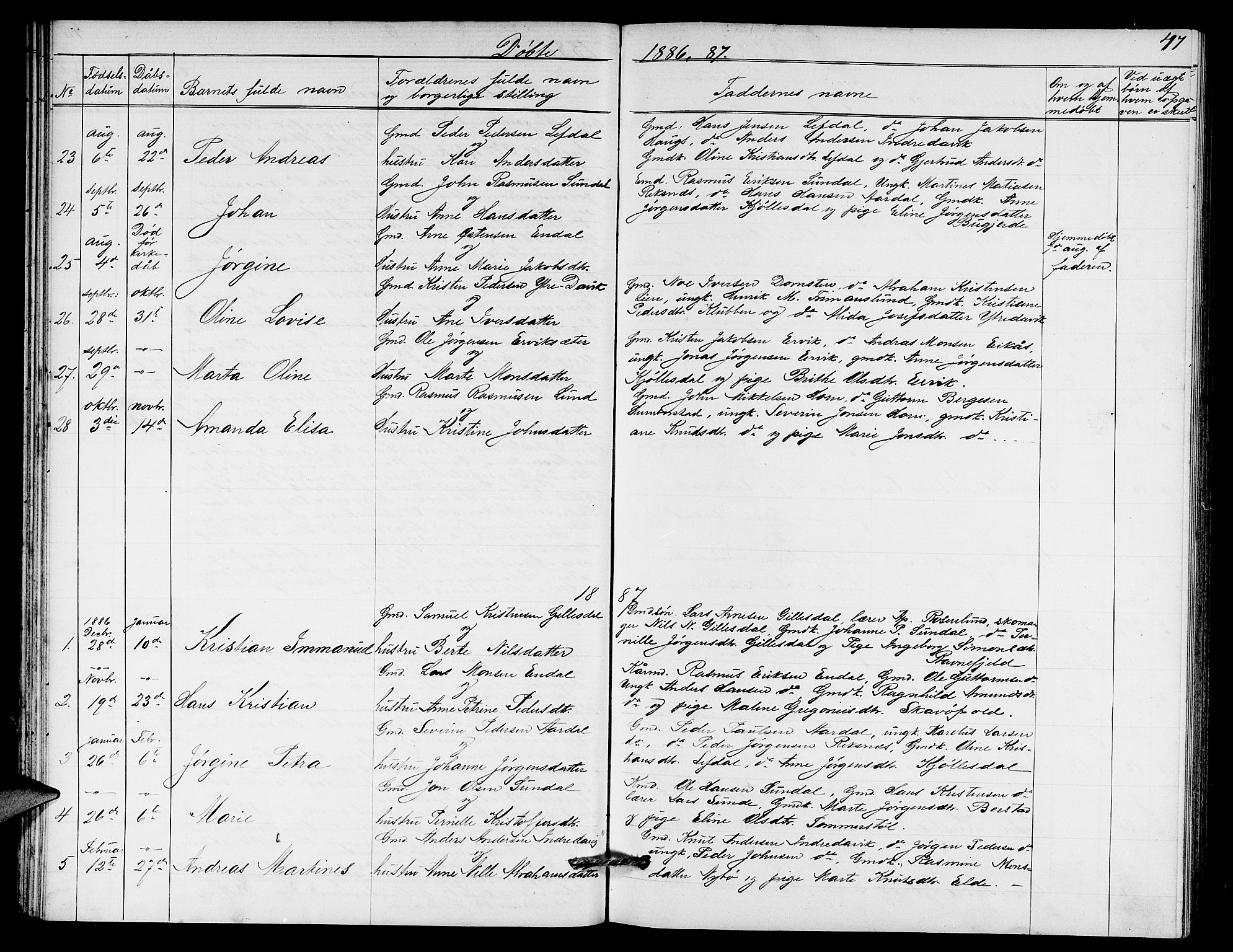 Davik sokneprestembete, AV/SAB-A-79701/H/Hab/Haba/L0001: Parish register (copy) no. A 1, 1866-1889, p. 47