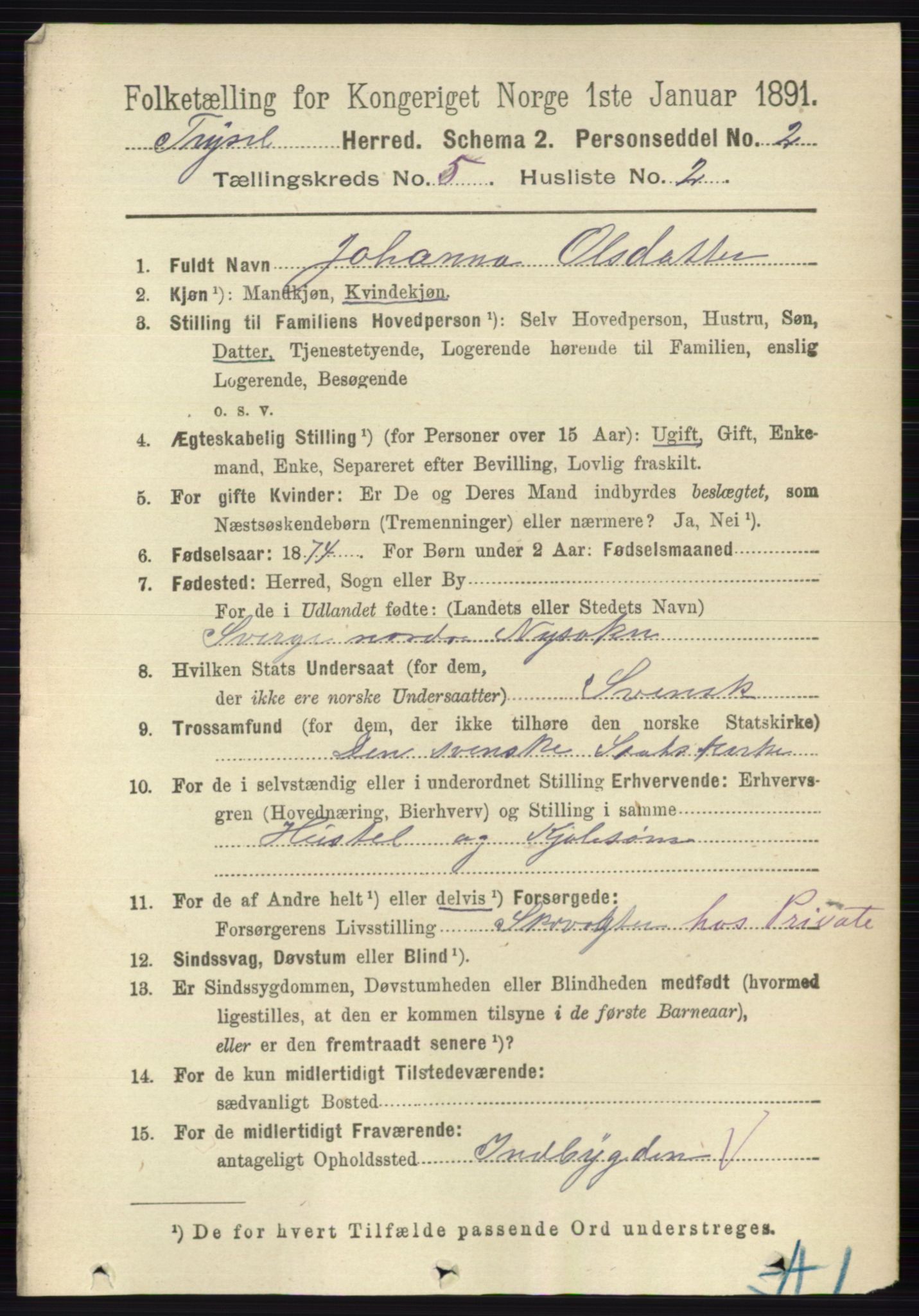 RA, 1891 census for 0428 Trysil, 1891, p. 2307