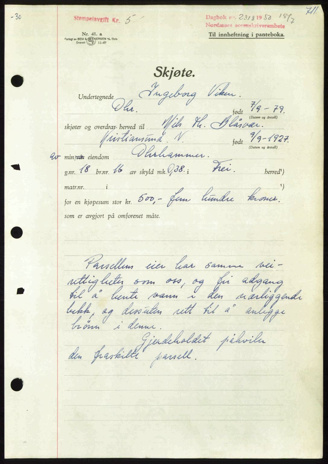 Nordmøre sorenskriveri, AV/SAT-A-4132/1/2/2Ca: Mortgage book no. A115, 1950-1950, Diary no: : 2318/1950