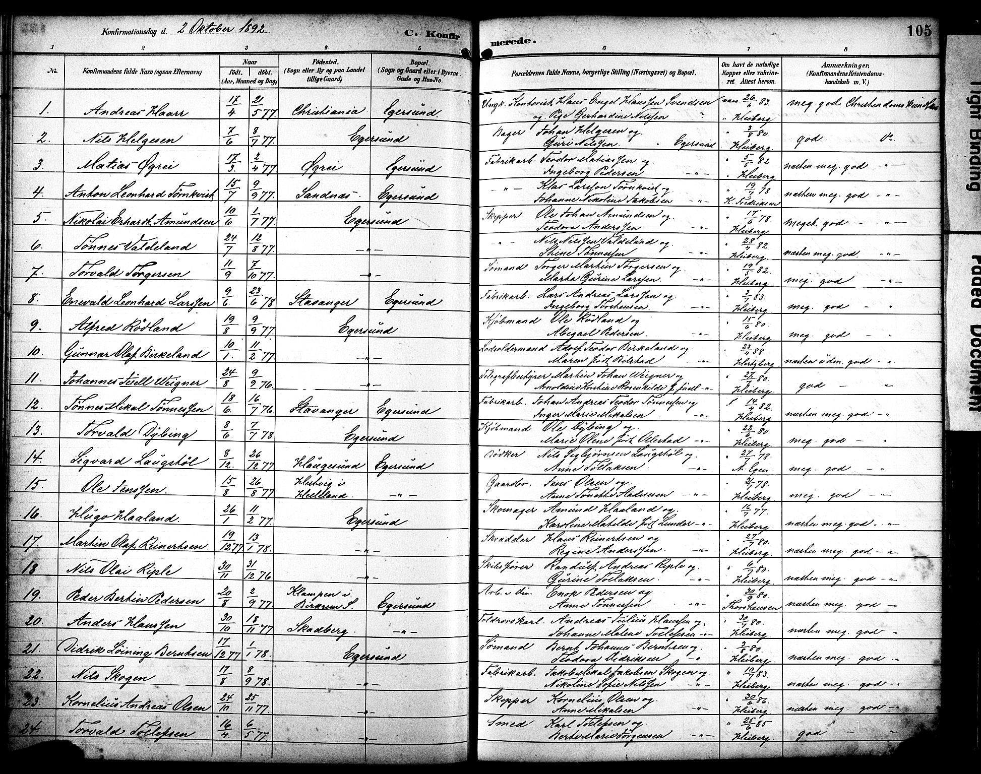 Eigersund sokneprestkontor, AV/SAST-A-101807/001/30/30BA/L0019: Parish register (official) no. A 18, 1892-1905, p. 105