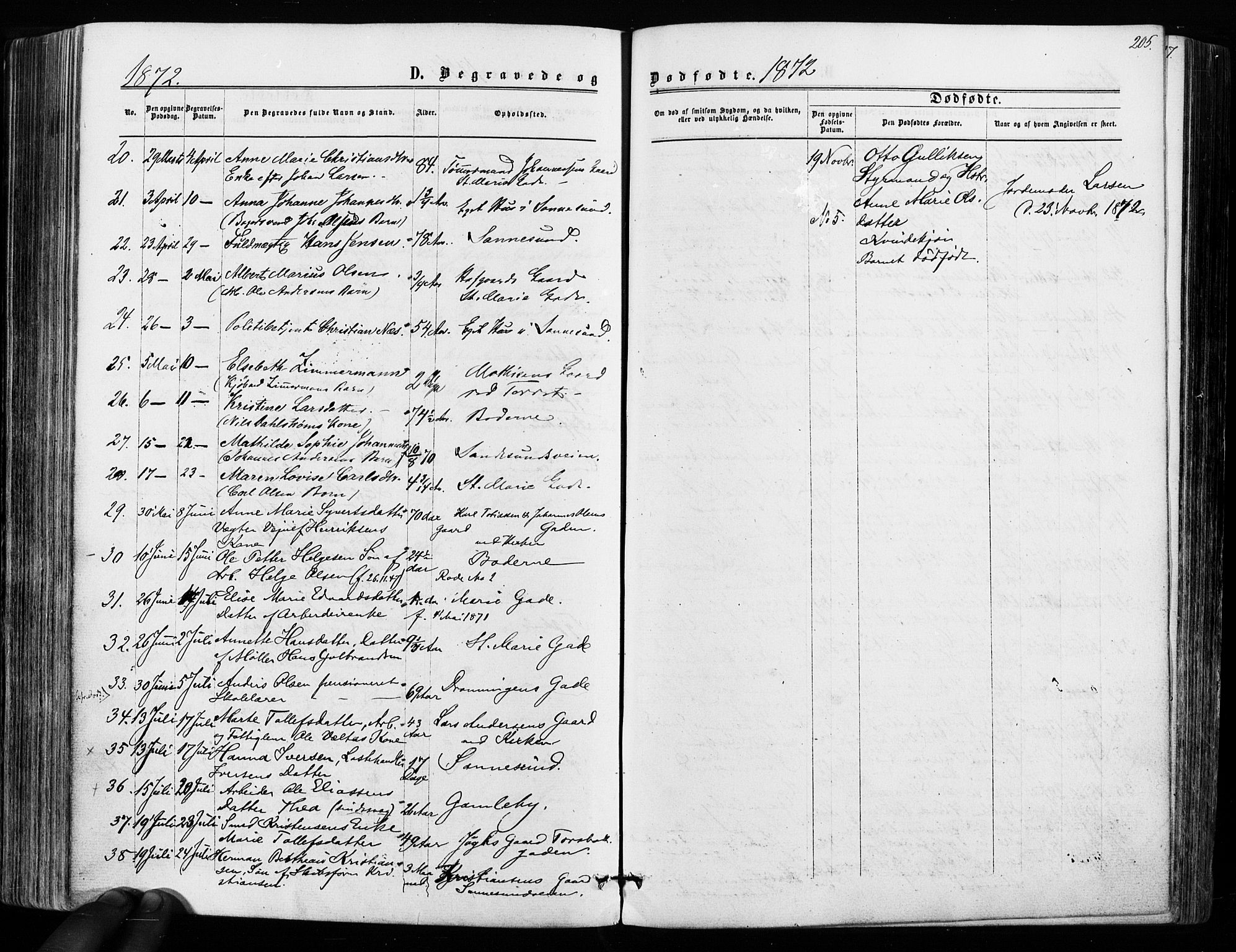 Sarpsborg prestekontor Kirkebøker, SAO/A-2006/F/Fa/L0002: Parish register (official) no. 2, 1869-1877, p. 205