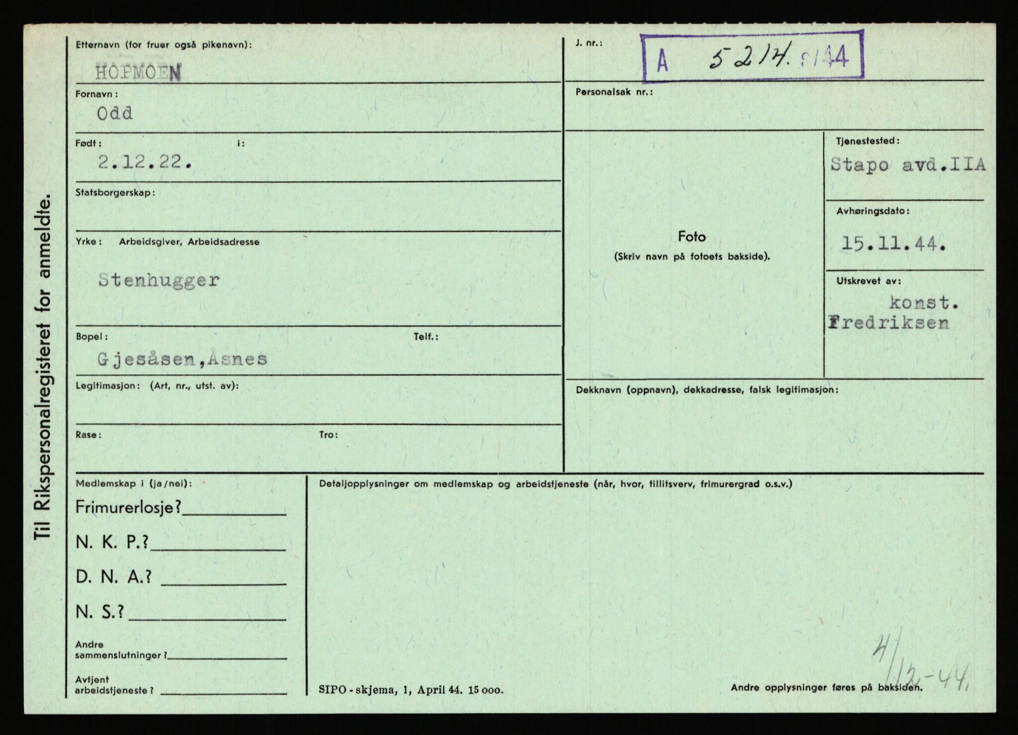 Statspolitiet - Hovedkontoret / Osloavdelingen, AV/RA-S-1329/C/Ca/L0007: Hol - Joelsen, 1943-1945, p. 835