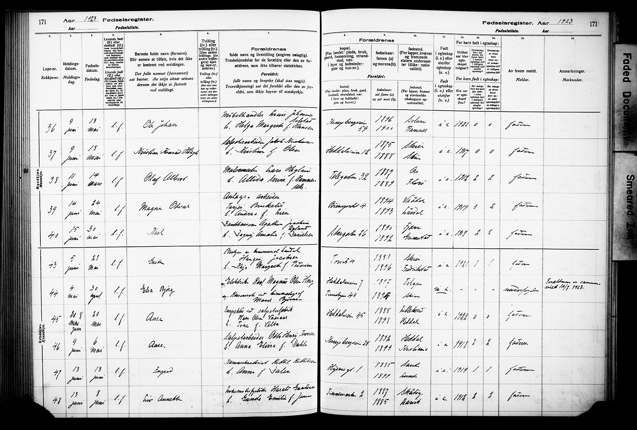 Notodden kirkebøker, AV/SAKO-A-290/J/Ja/L0001: Birth register no. 1, 1916-1924, p. 171