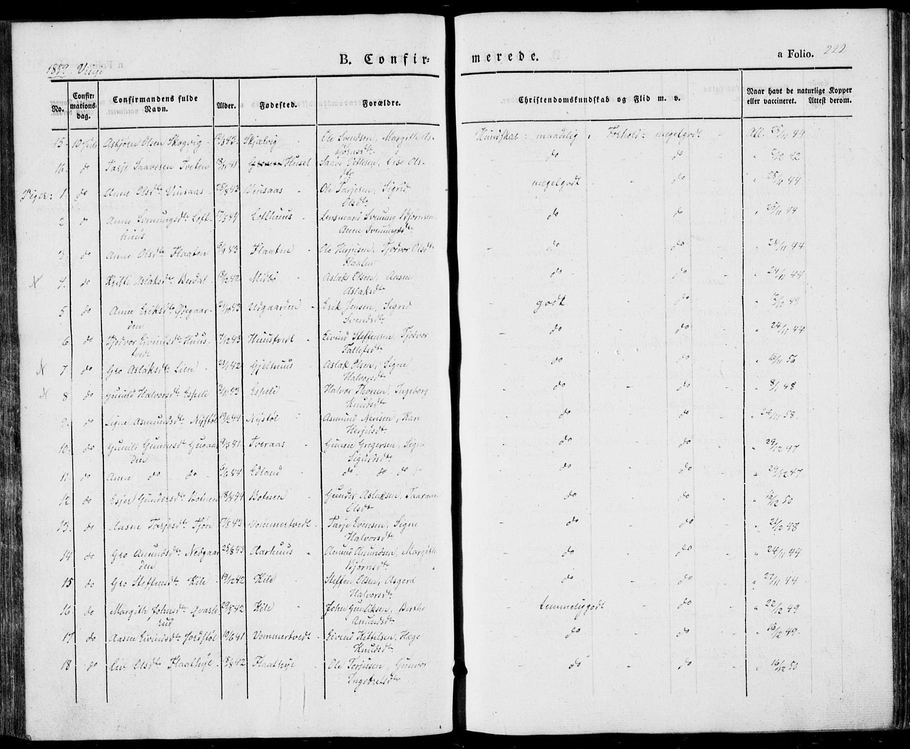 Vinje kirkebøker, SAKO/A-312/F/Fa/L0004: Parish register (official) no. I 4, 1843-1869, p. 222