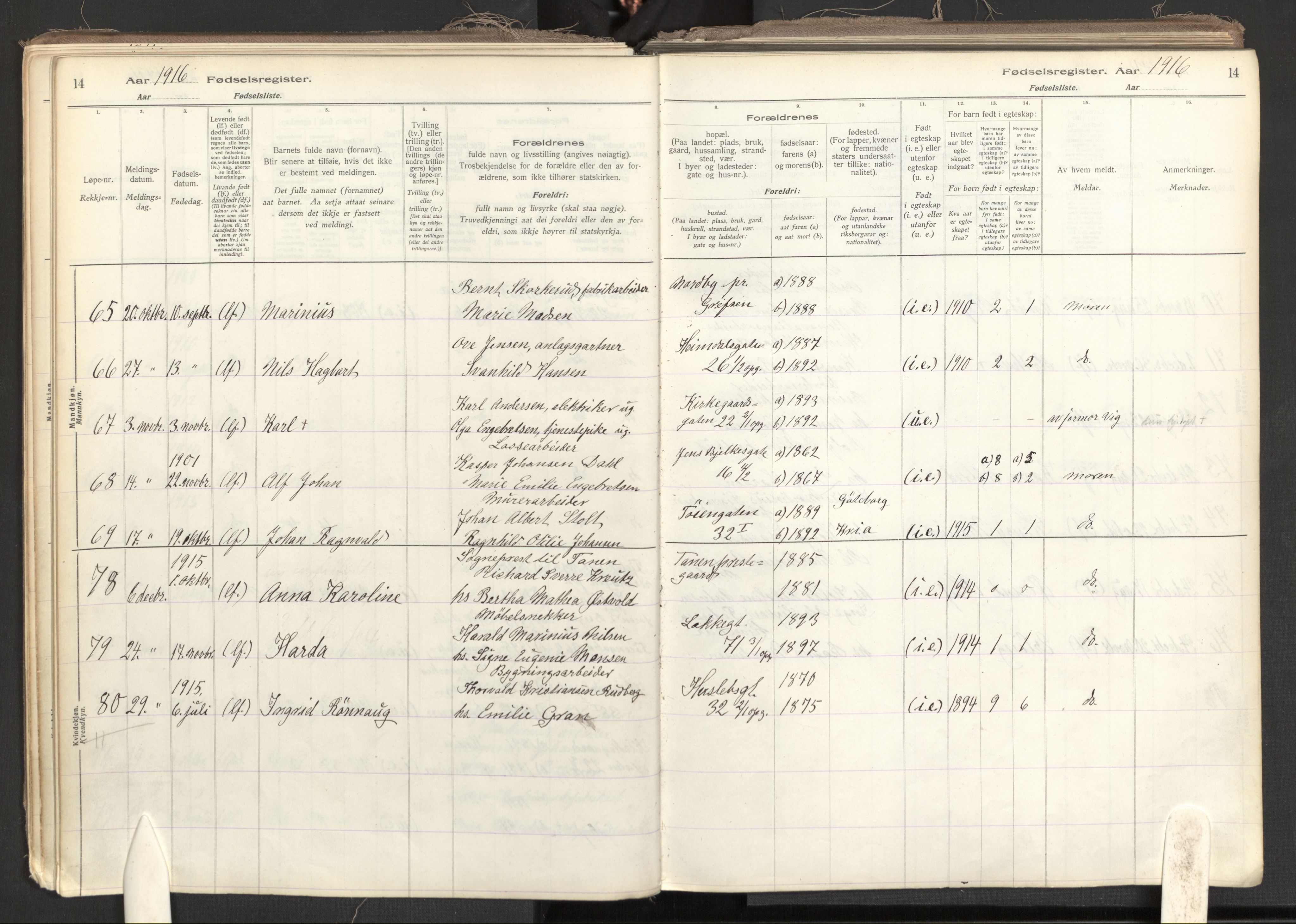 Tøyen prestekontor Kirkebøker, AV/SAO-A-10167a/J/Ja/L0001: Birth register no. 1, 1916-1944, p. 14