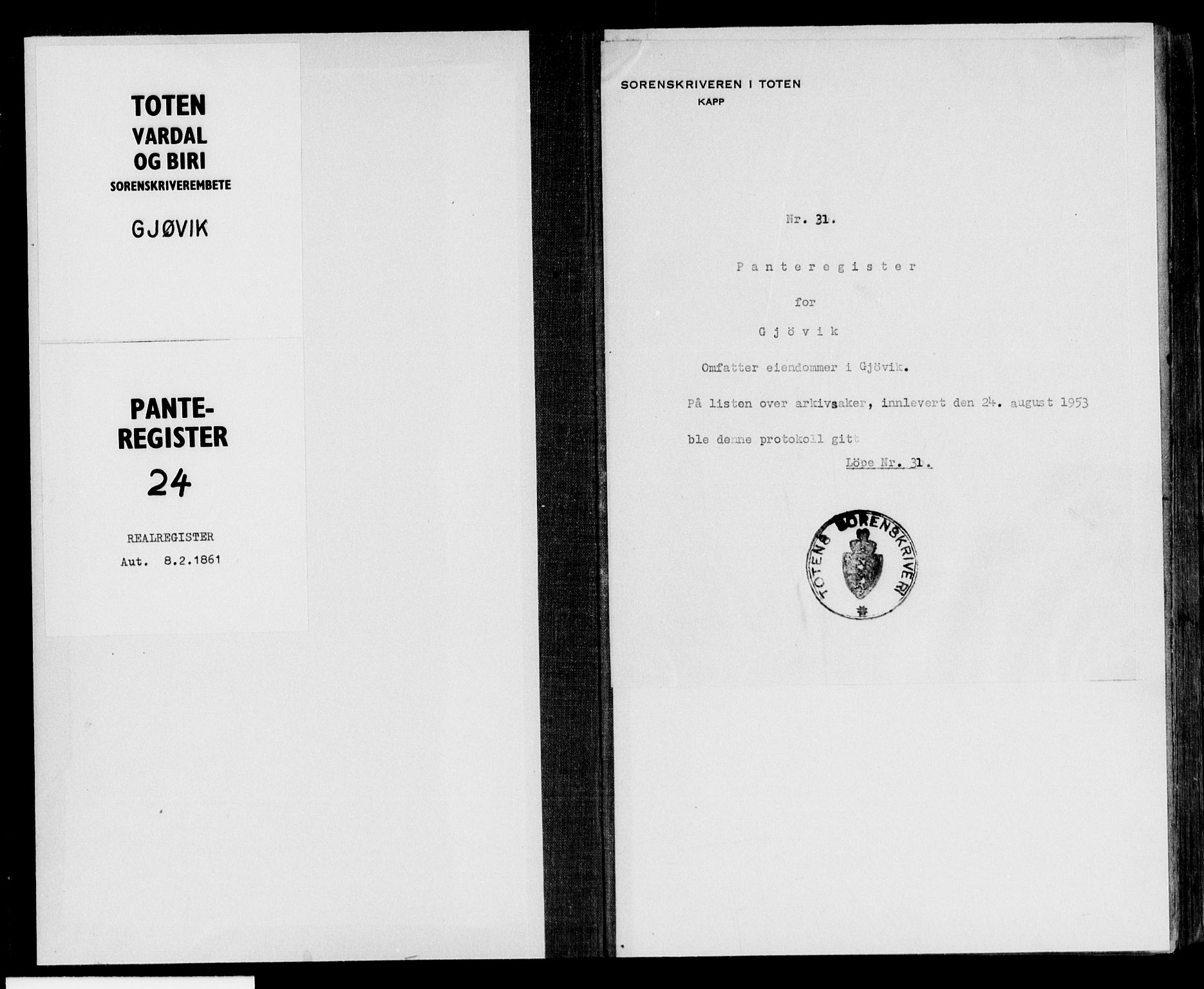 Toten tingrett, SAH/TING-006/H/Ha/Haa/L0024: Mortgage register no. 24, 1861