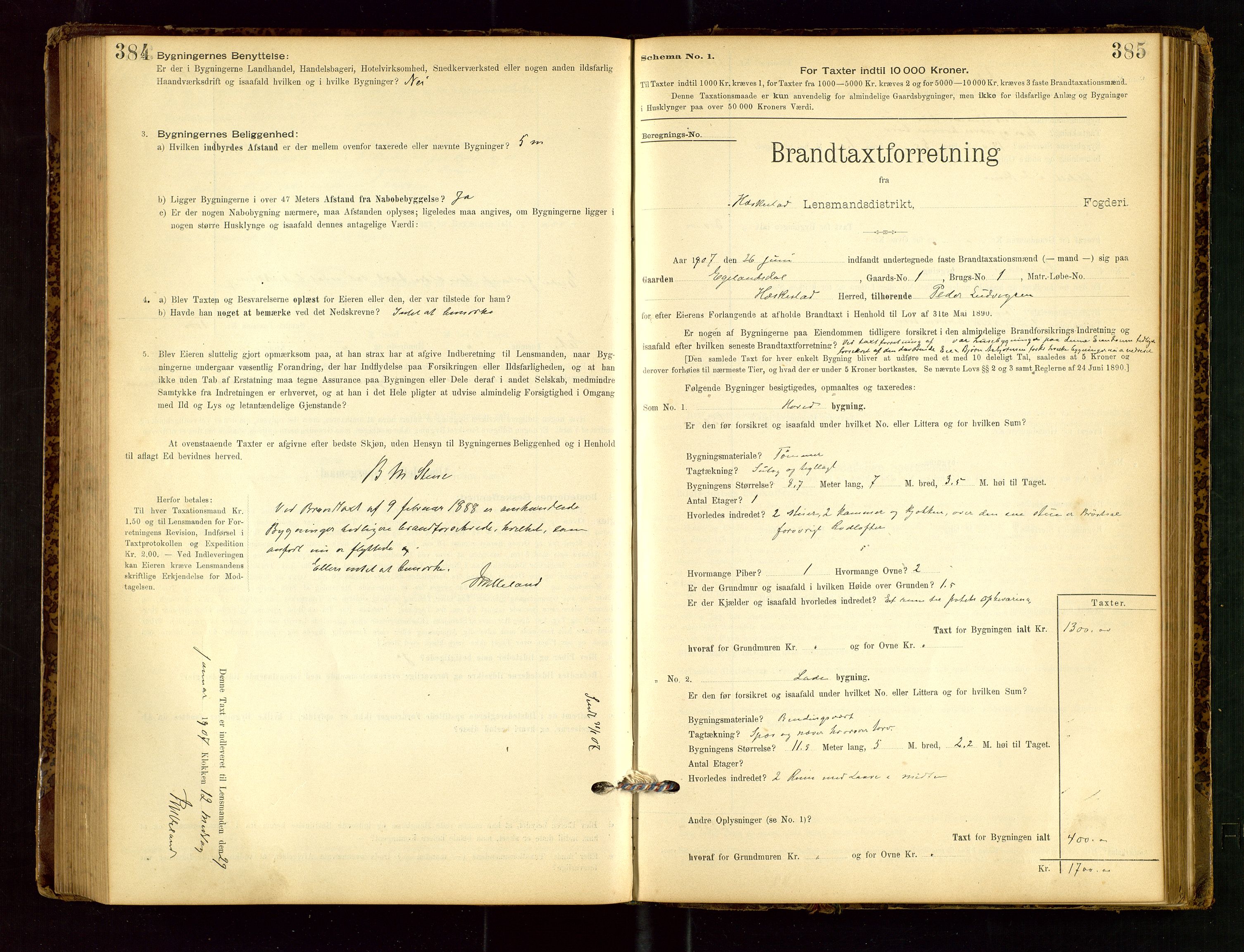 Heskestad lensmannskontor, AV/SAST-A-100304/Gob/L0001: "Brandtaxationsprotokol", 1894-1915, p. 384-385