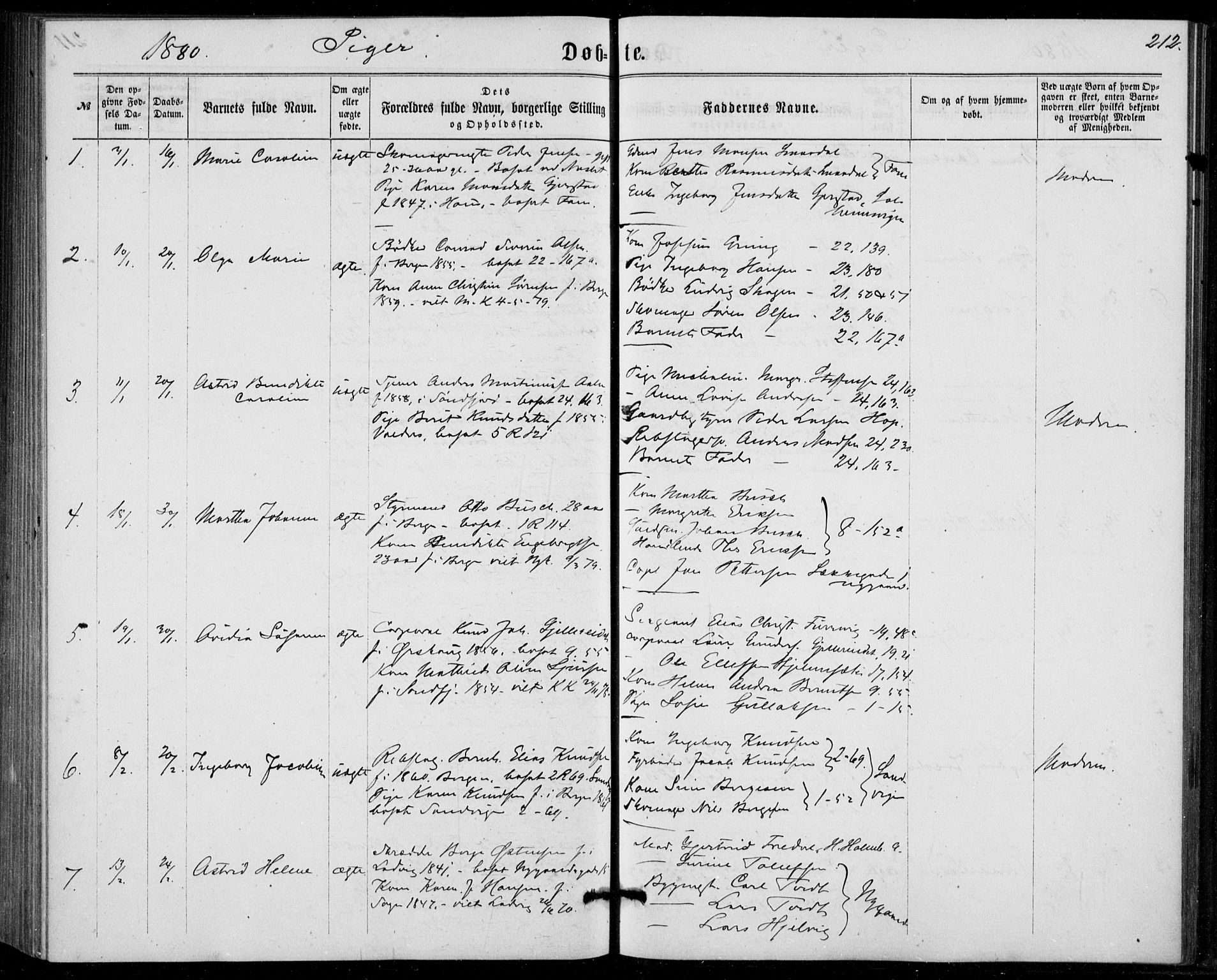 Fødselsstiftelsens sokneprestembete, ført av overlegen*, SAB/-: Parish register (official) no. A 1, 1863-1883, p. 212
