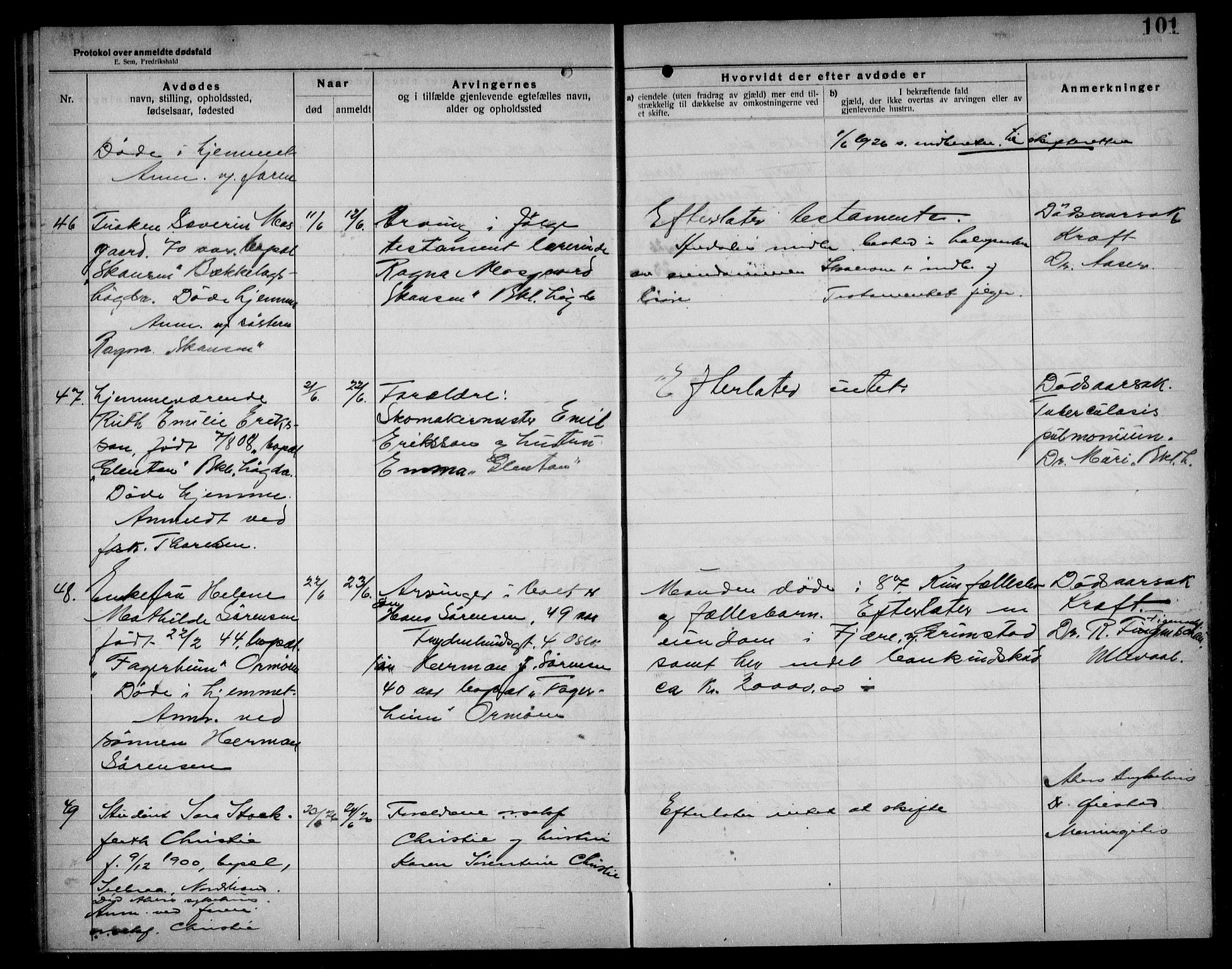 Aker kriminaldommer, skifte- og auksjonsforvalterembete, SAO/A-10452/H/Hb/Hba/Hbad/L0001: Dødsfallsprotokoll for Nordstrand, 1922-1929, p. 101