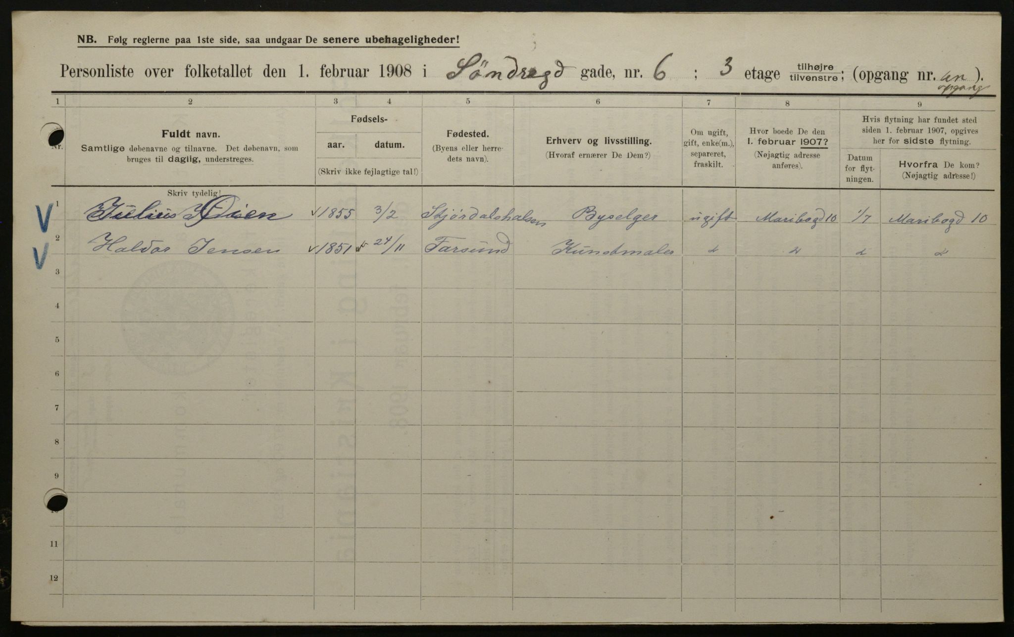 OBA, Municipal Census 1908 for Kristiania, 1908, p. 95595