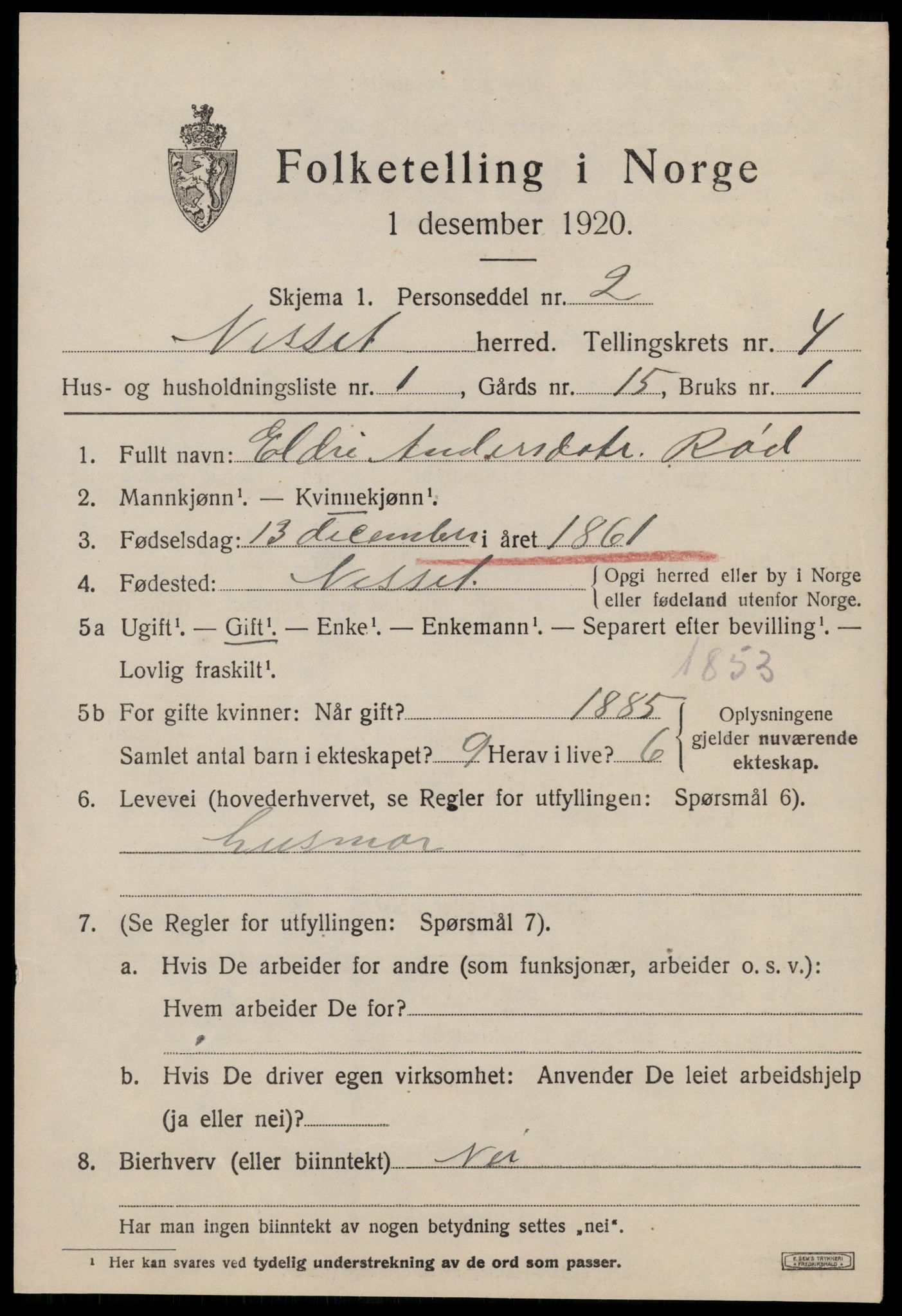 SAT, 1920 census for Nesset, 1920, p. 1484