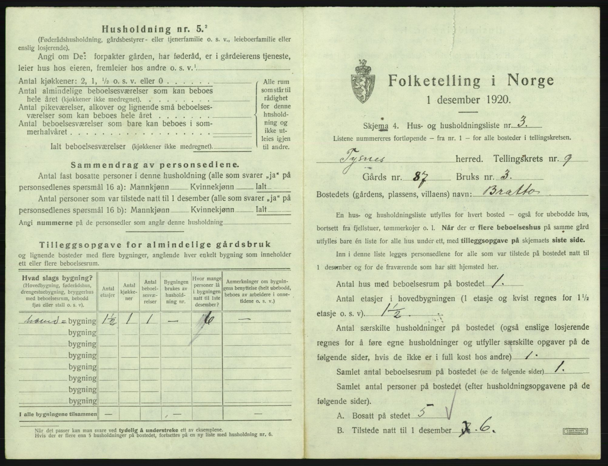 SAB, 1920 census for Tysnes, 1920, p. 818