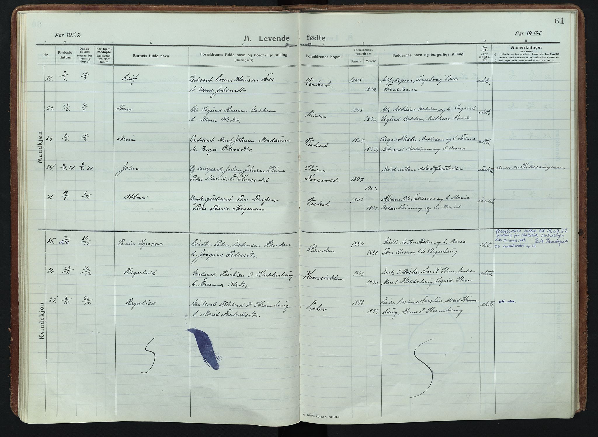 Alvdal prestekontor, AV/SAH-PREST-060/H/Ha/Haa/L0005: Parish register (official) no. 5, 1913-1930, p. 61