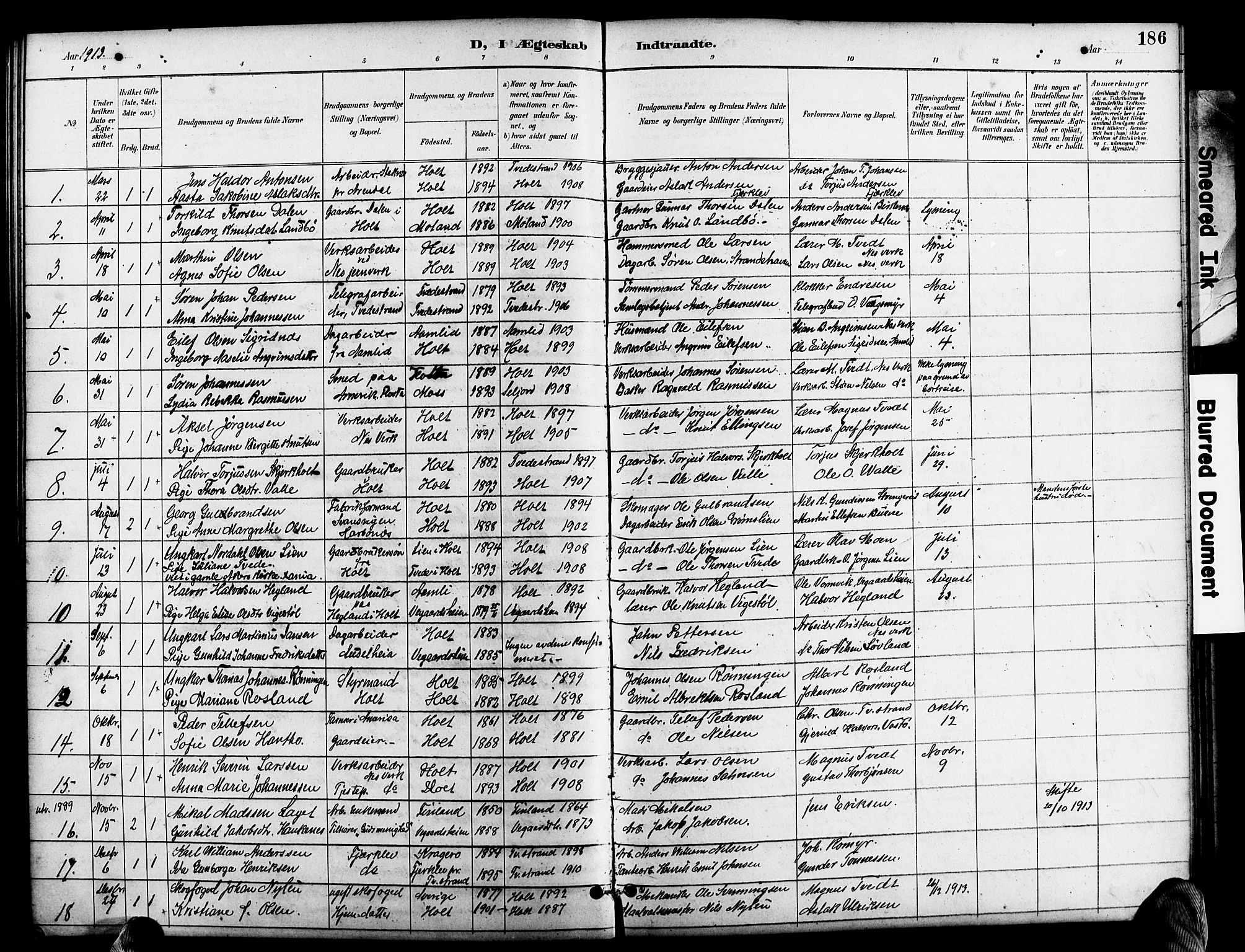 Holt sokneprestkontor, SAK/1111-0021/F/Fb/L0011: Parish register (copy) no. B 11, 1897-1921, p. 186