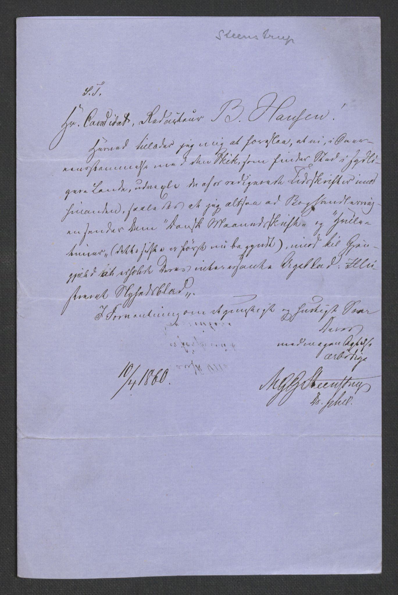 Botten-Hansen, Paul, AV/RA-PA-0017/F/L0001: Brev til Botten-Hansen, avsendere ordnet etter alfabetisk rekkefølge fra A-Ø, 1846-1866, p. 450