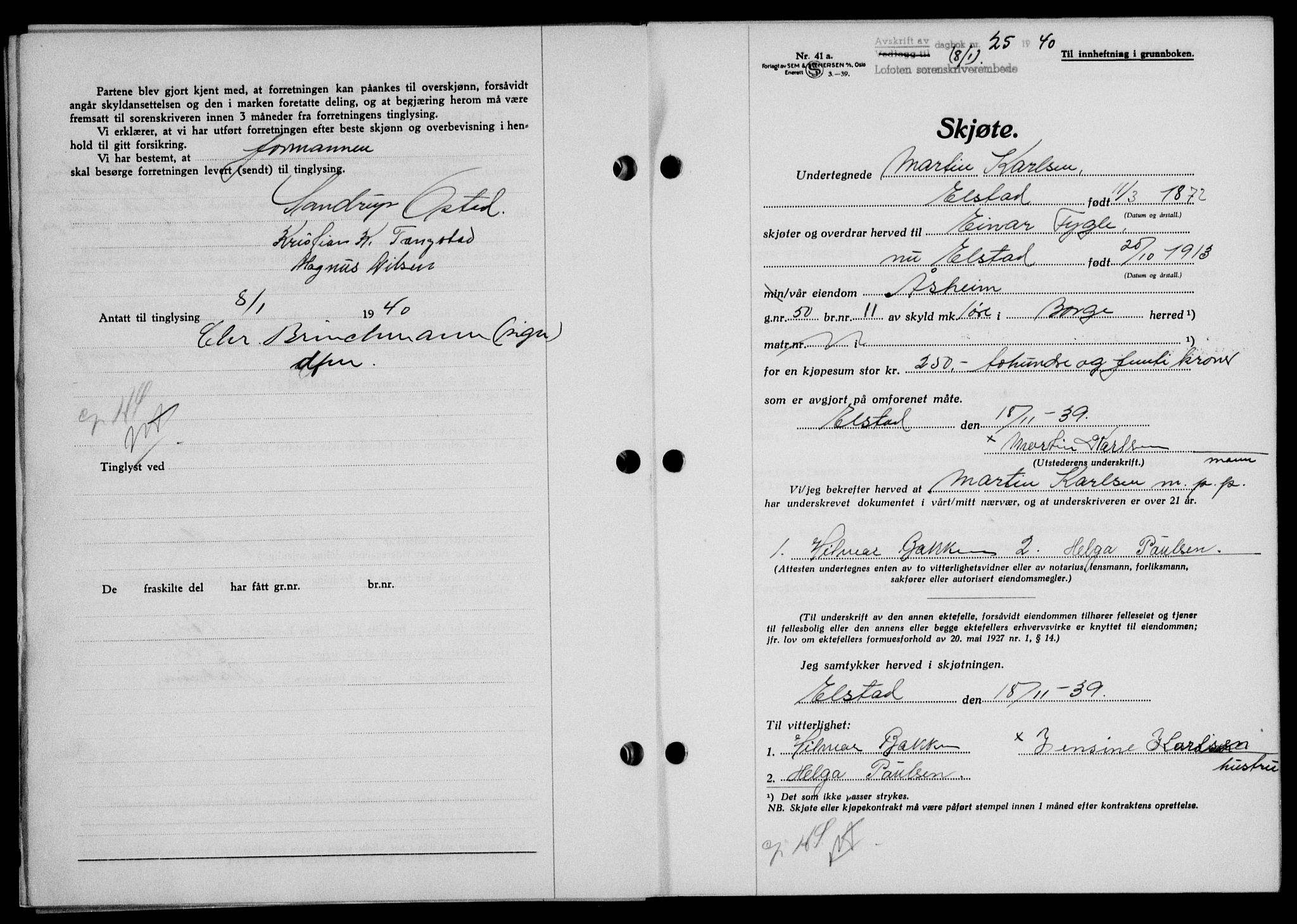 Lofoten sorenskriveri, SAT/A-0017/1/2/2C/L0007a: Mortgage book no. 7a, 1939-1940, Diary no: : 25/1940
