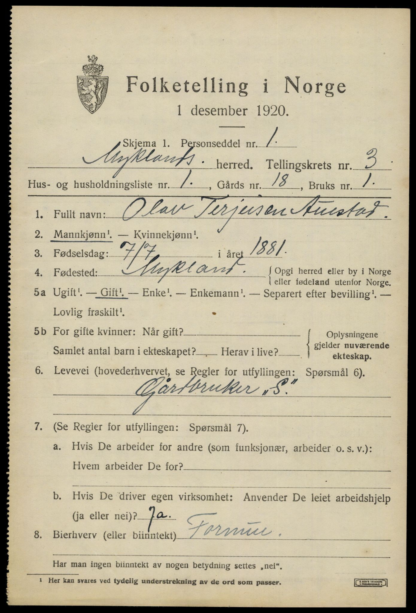 SAK, 1920 census for Mykland, 1920, p. 1122