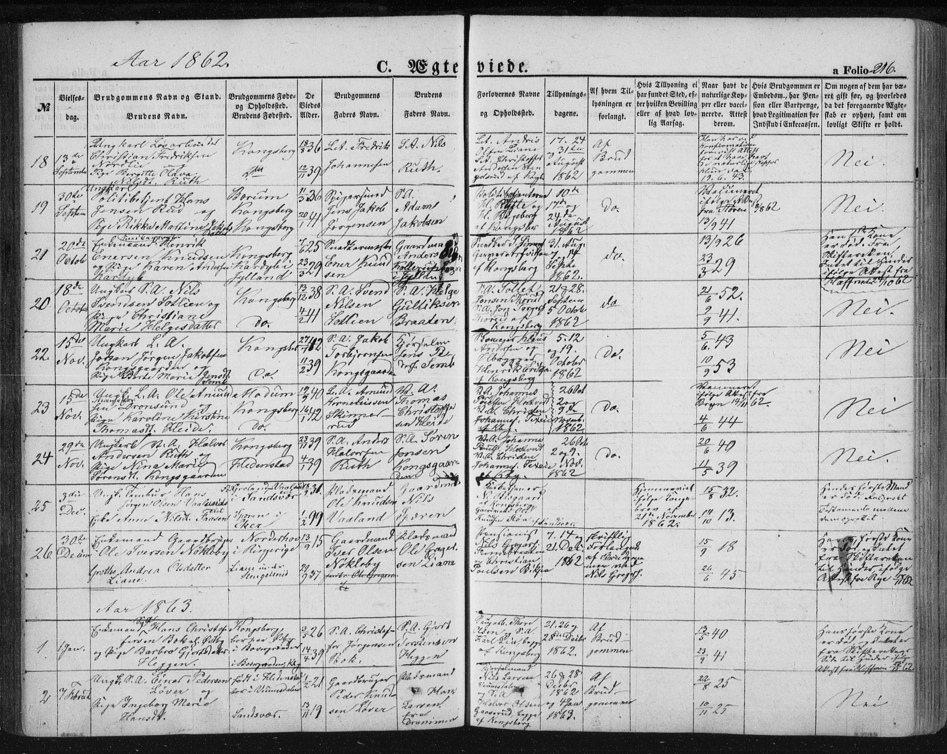 Kongsberg kirkebøker, SAKO/A-22/F/Fa/L0010: Parish register (official) no. I 10, 1859-1875, p. 216