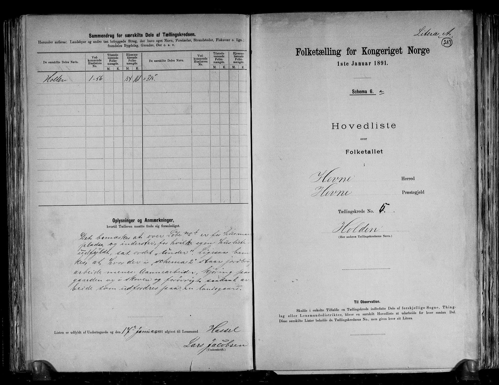 RA, 1891 census for 1612 Hemne, 1891, p. 17