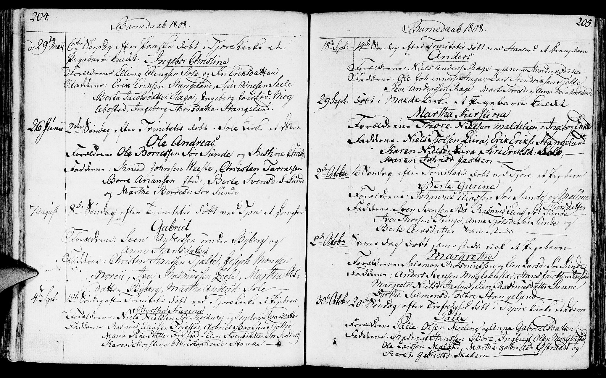 Håland sokneprestkontor, SAST/A-101802/001/30BA/L0003: Parish register (official) no. A 3, 1794-1815, p. 204-205
