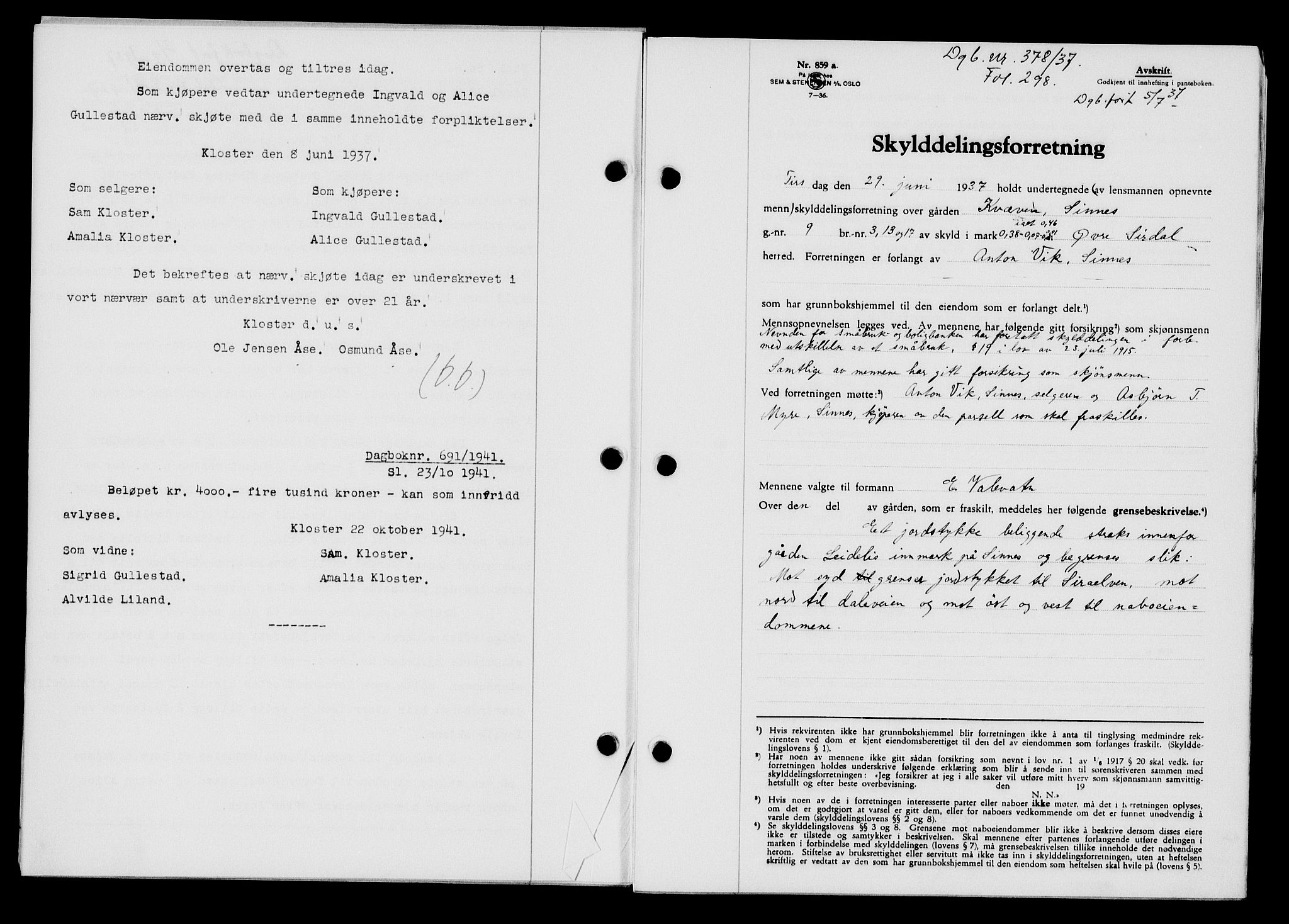 Flekkefjord sorenskriveri, SAK/1221-0001/G/Gb/Gba/L0053: Mortgage book no. A-1, 1936-1937, Diary no: : 378/1937