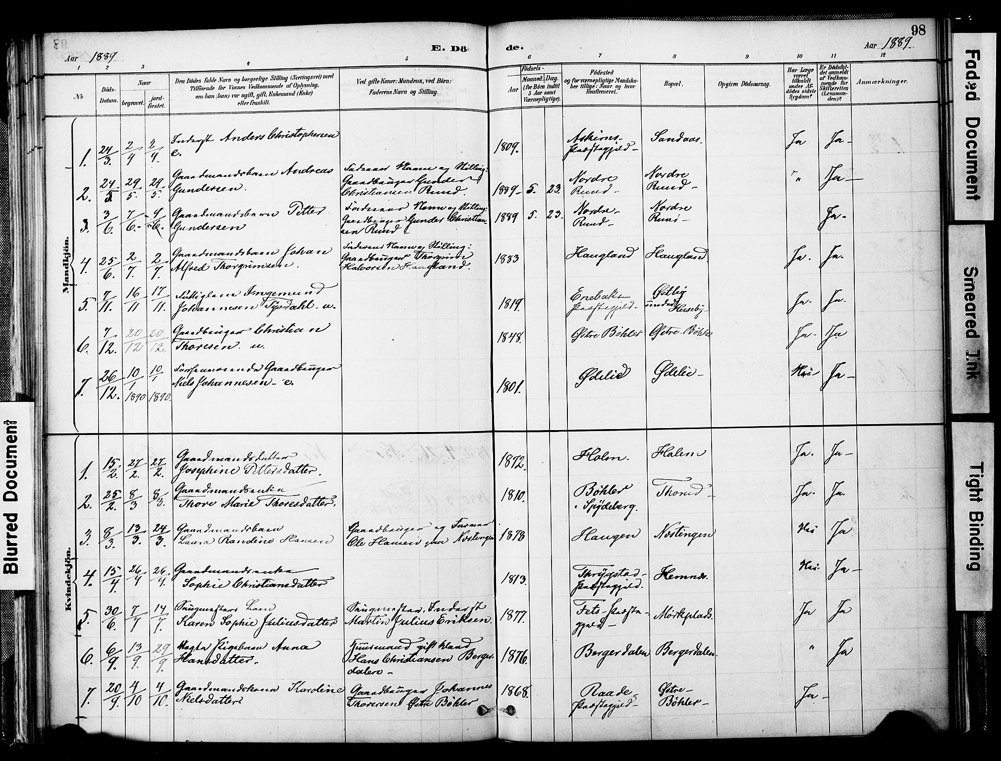Spydeberg prestekontor Kirkebøker, SAO/A-10924/F/Fb/L0001: Parish register (official) no. II 1, 1886-1907, p. 98