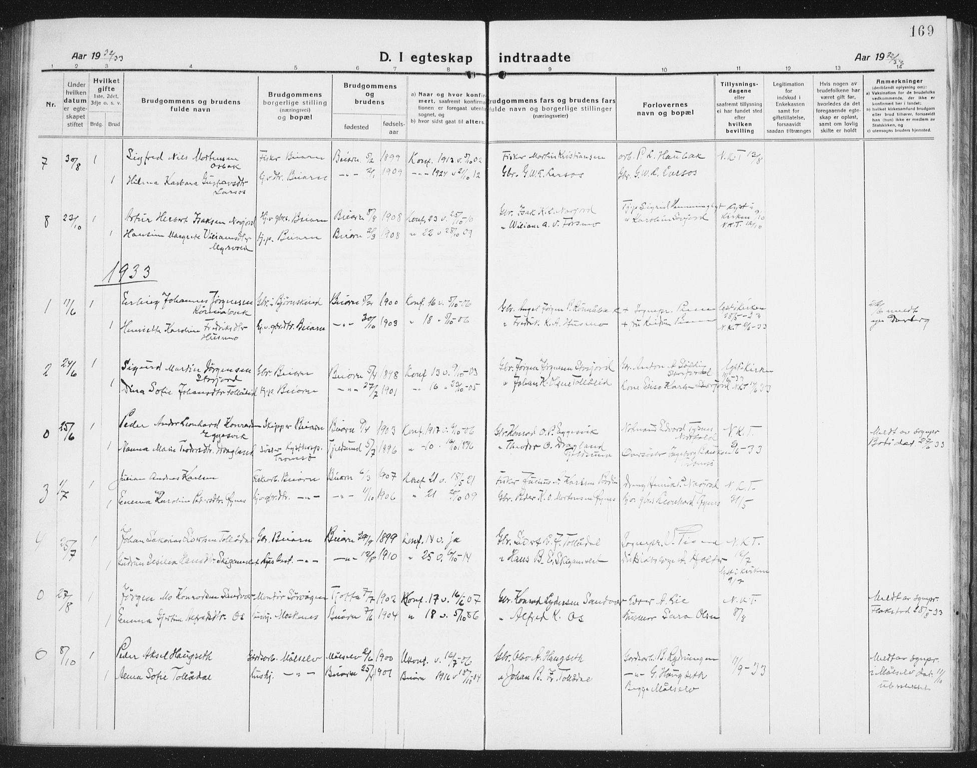 Ministerialprotokoller, klokkerbøker og fødselsregistre - Nordland, AV/SAT-A-1459/846/L0656: Parish register (copy) no. 846C06, 1917-1936, p. 169