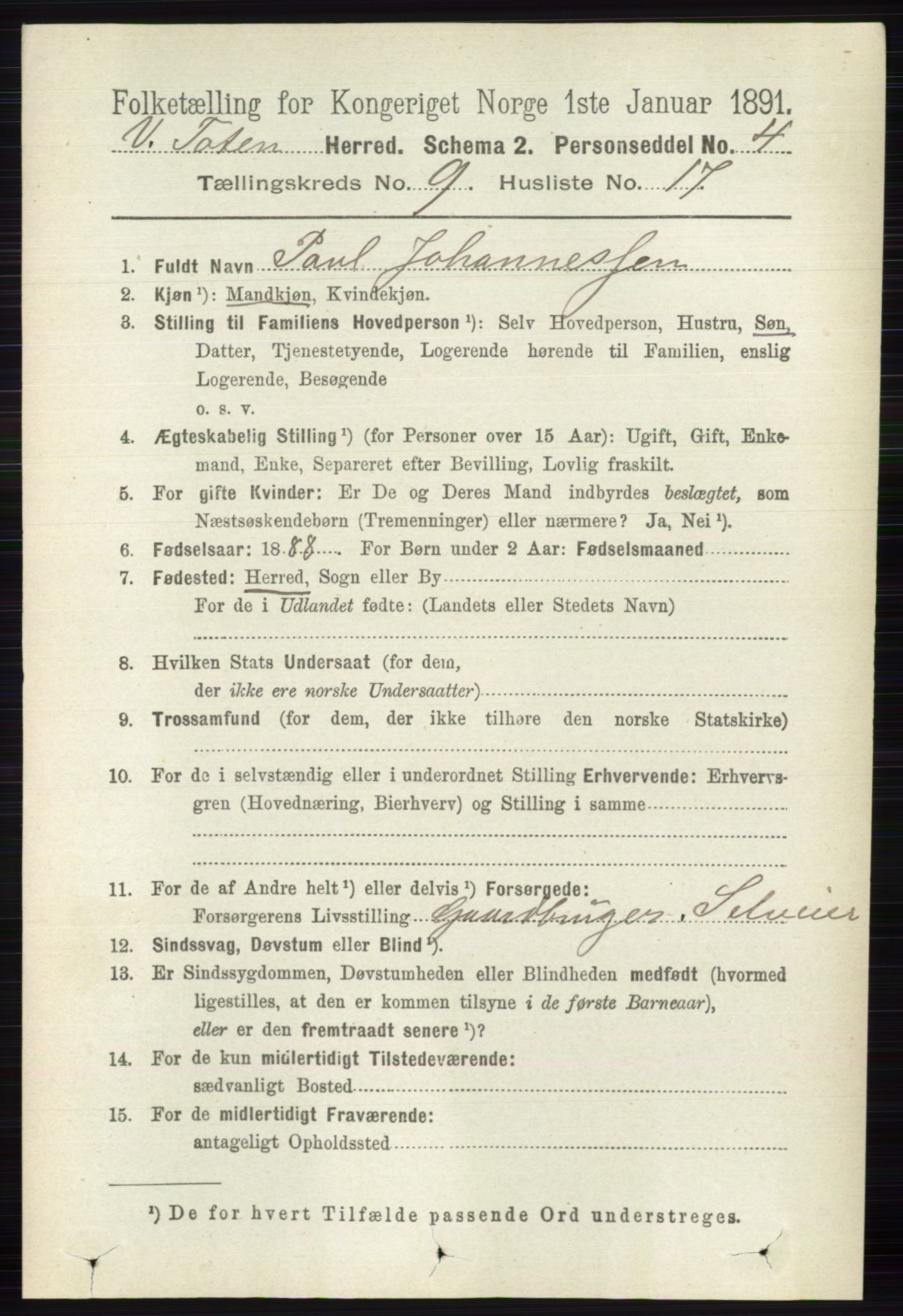 RA, 1891 census for 0529 Vestre Toten, 1891, p. 5661