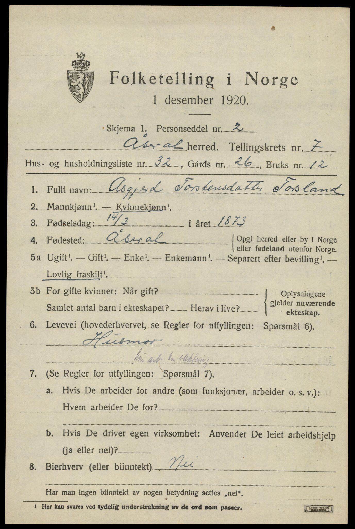 SAK, 1920 census for Åseral, 1920, p. 2426