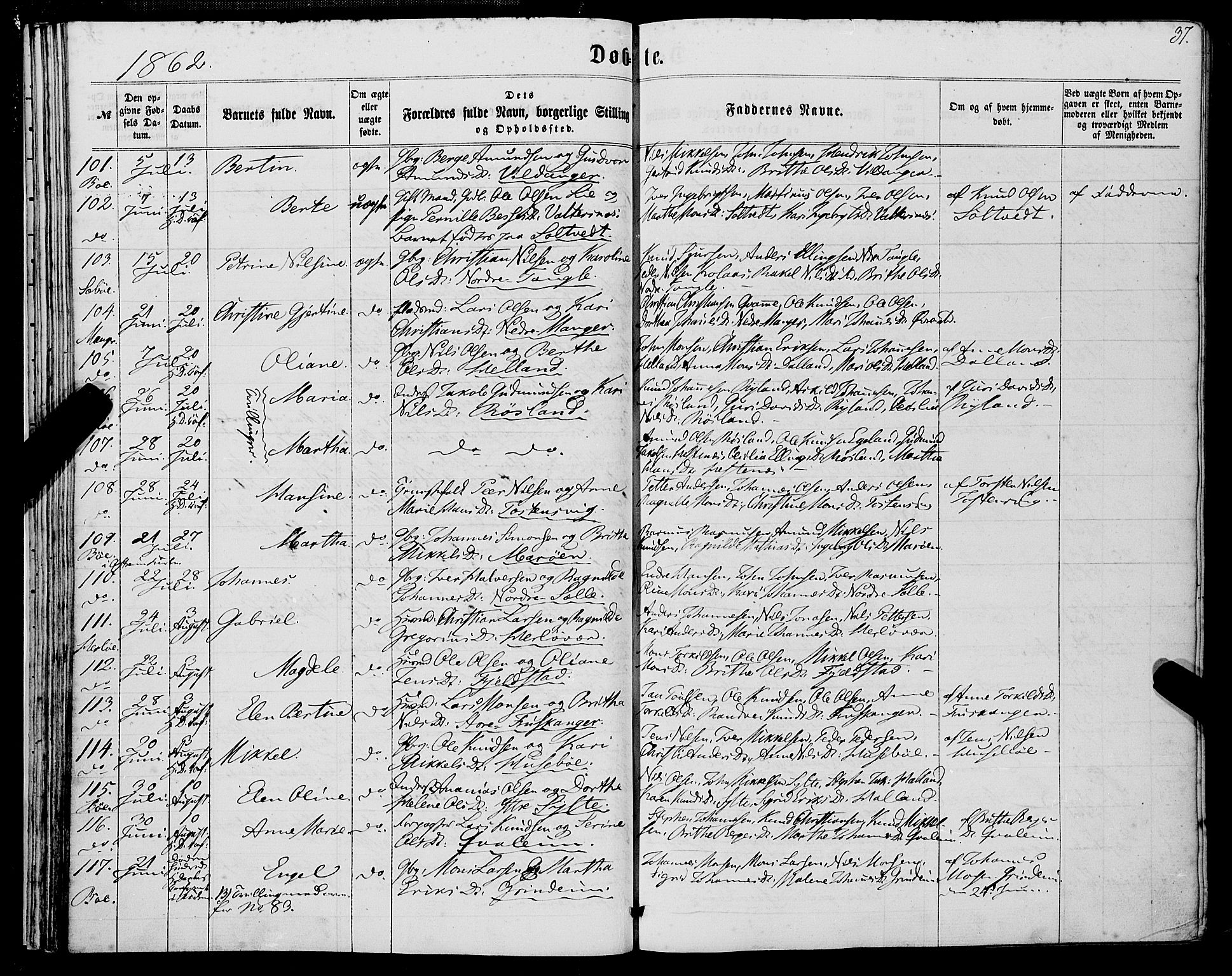 Manger sokneprestembete, AV/SAB-A-76801/H/Haa: Parish register (official) no. A 7, 1860-1870, p. 37