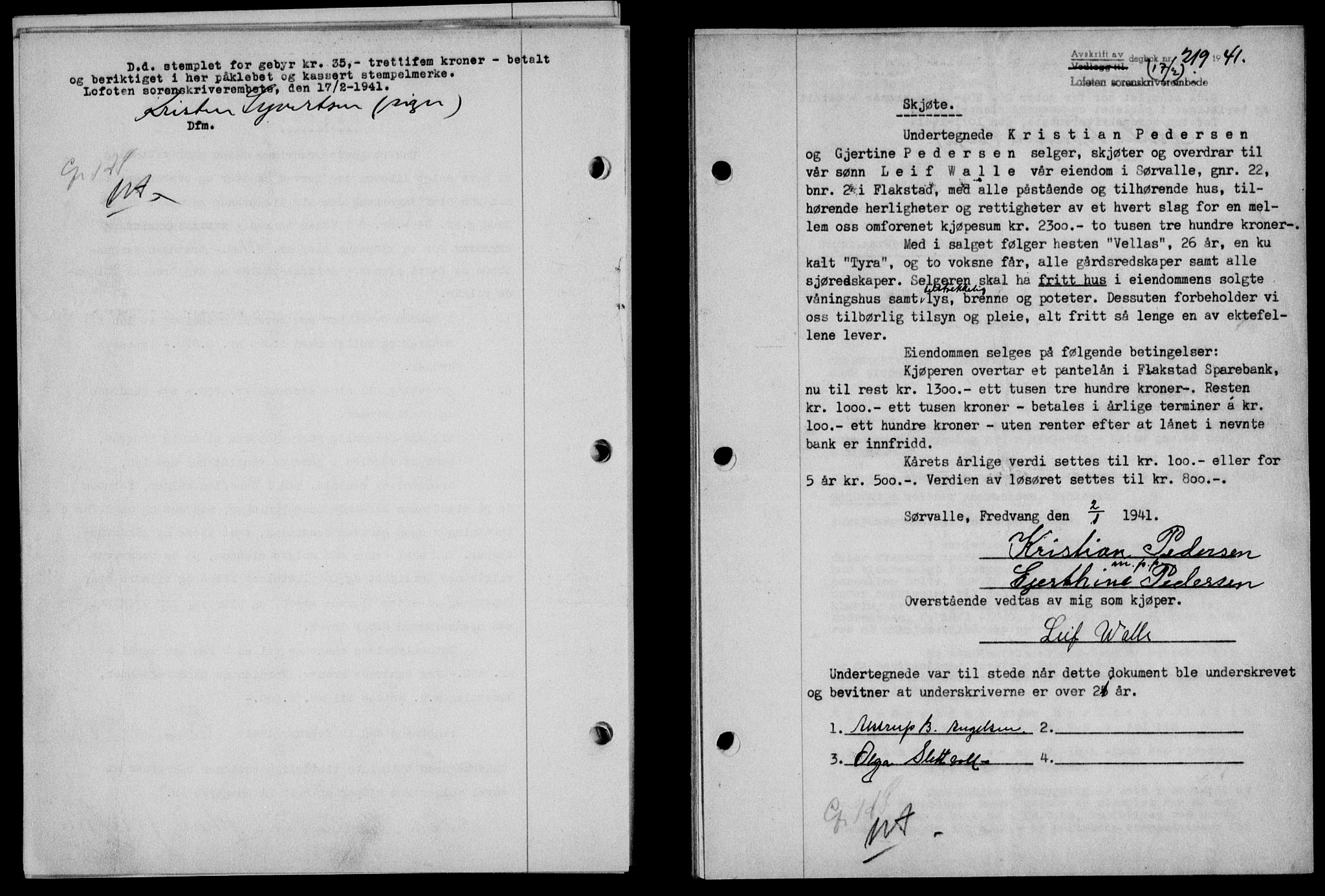 Lofoten sorenskriveri, SAT/A-0017/1/2/2C/L0008a: Mortgage book no. 8a, 1940-1941, Diary no: : 219/1941