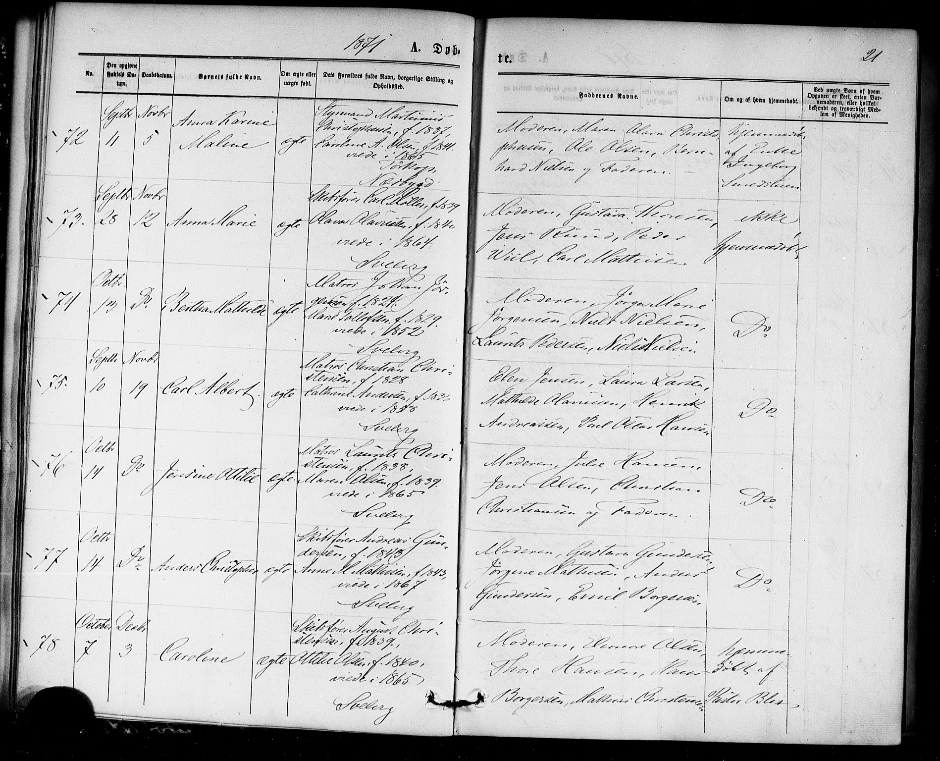 Strømm kirkebøker, AV/SAKO-A-322/F/Fa/L0002: Parish register (official) no. I 2, 1870-1877, p. 21