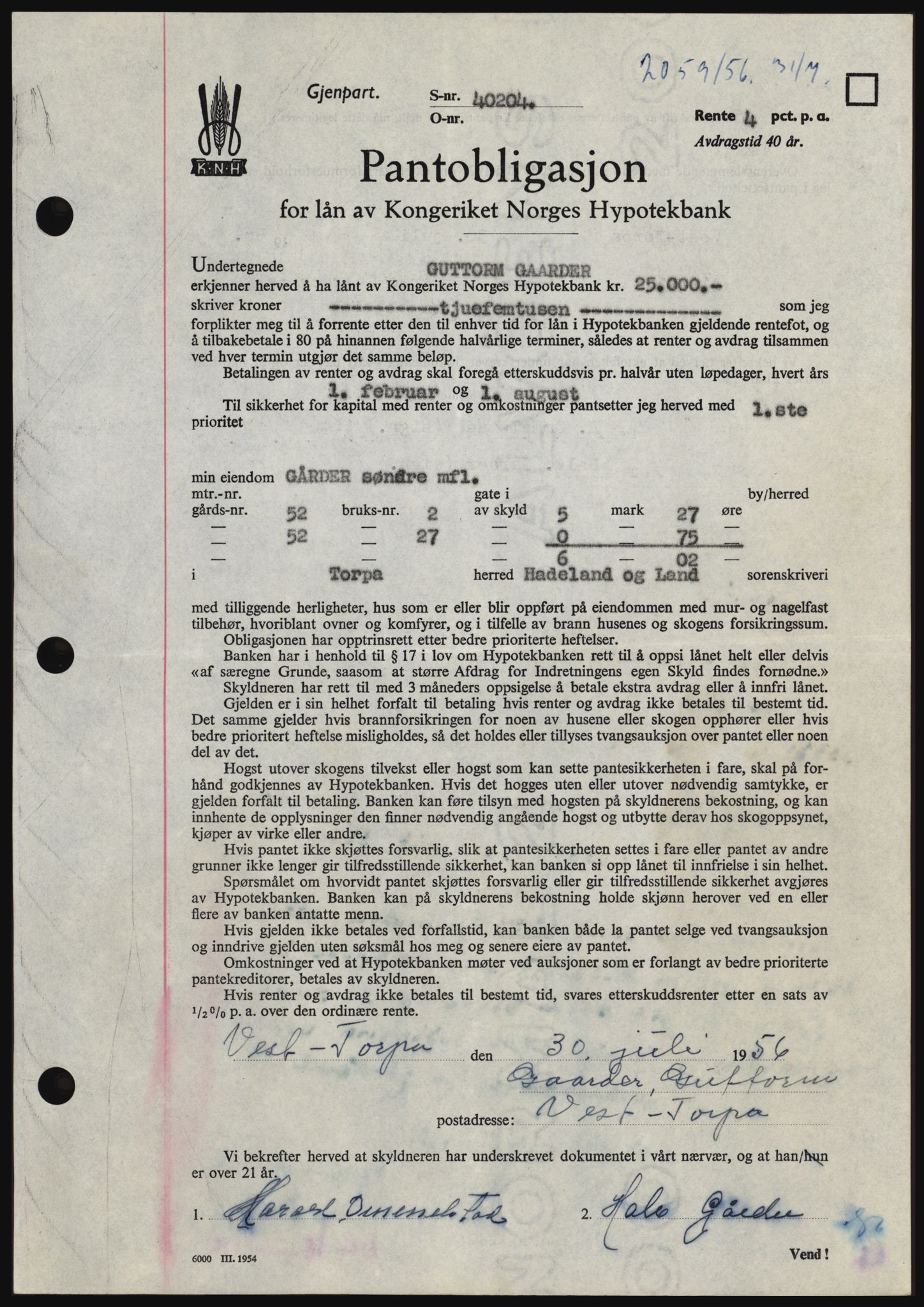 Hadeland og Land tingrett, SAH/TING-010/H/Hb/Hbc/L0034: Mortgage book no. B34, 1956-1956, Diary no: : 2059/1956