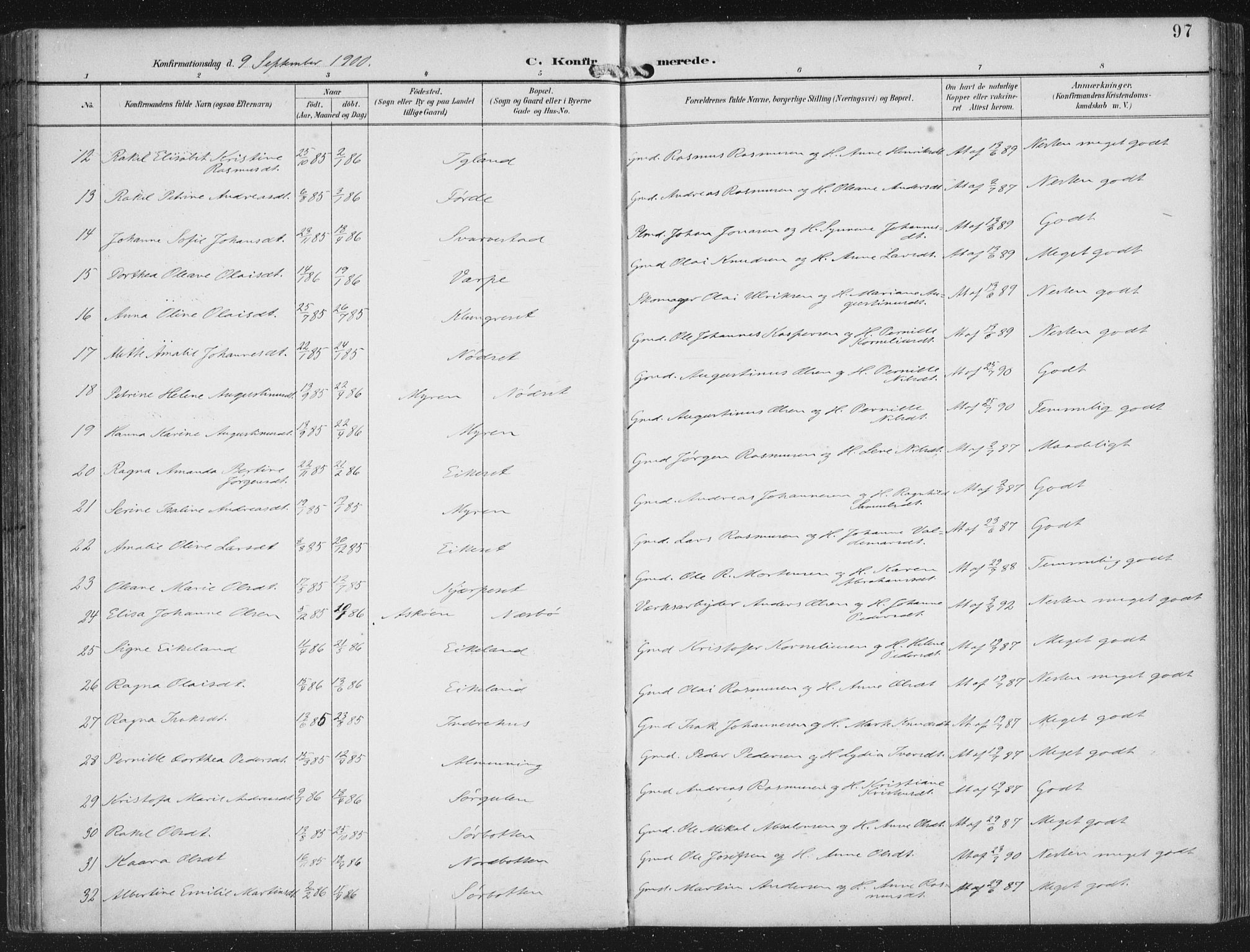 Bremanger sokneprestembete, AV/SAB-A-82201/H/Haa/Haab/L0002: Parish register (official) no. B  2, 1896-1908, p. 97