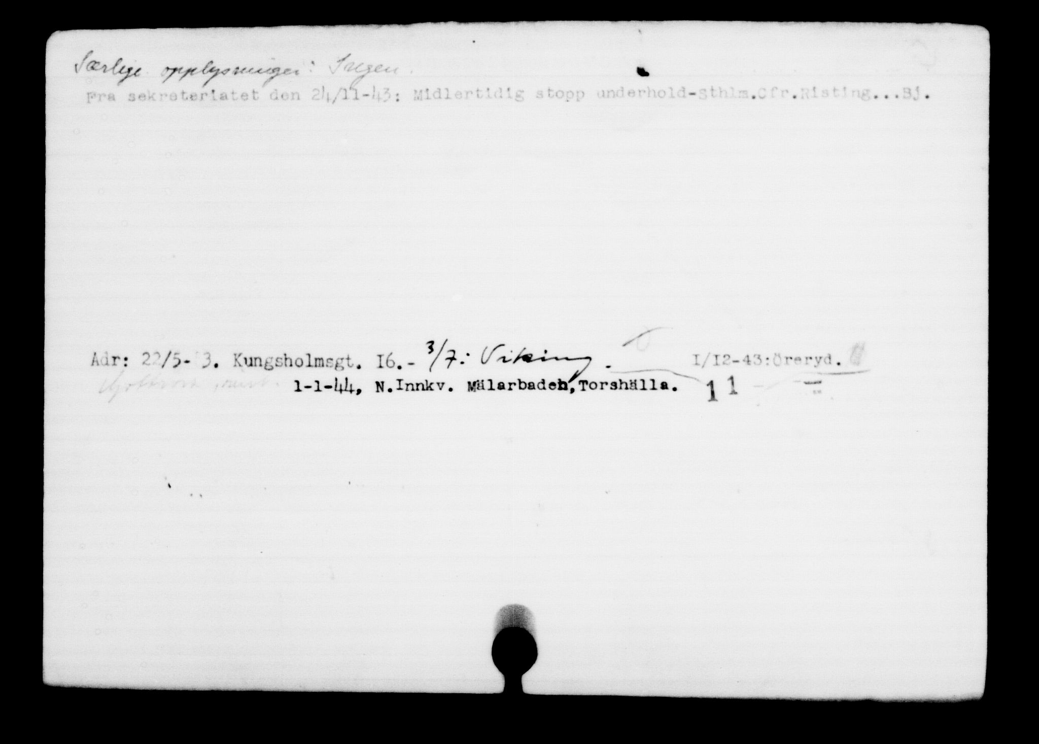 Utenriksstasjonene, Legasjonen i Stockholm, Flyktningkontoret, AV/RA-S-6753/V/Va/L0001: Kjesäterkartoteket, flyktninger med registreringsnr. 1-1000, 1940-1945, p. 1033