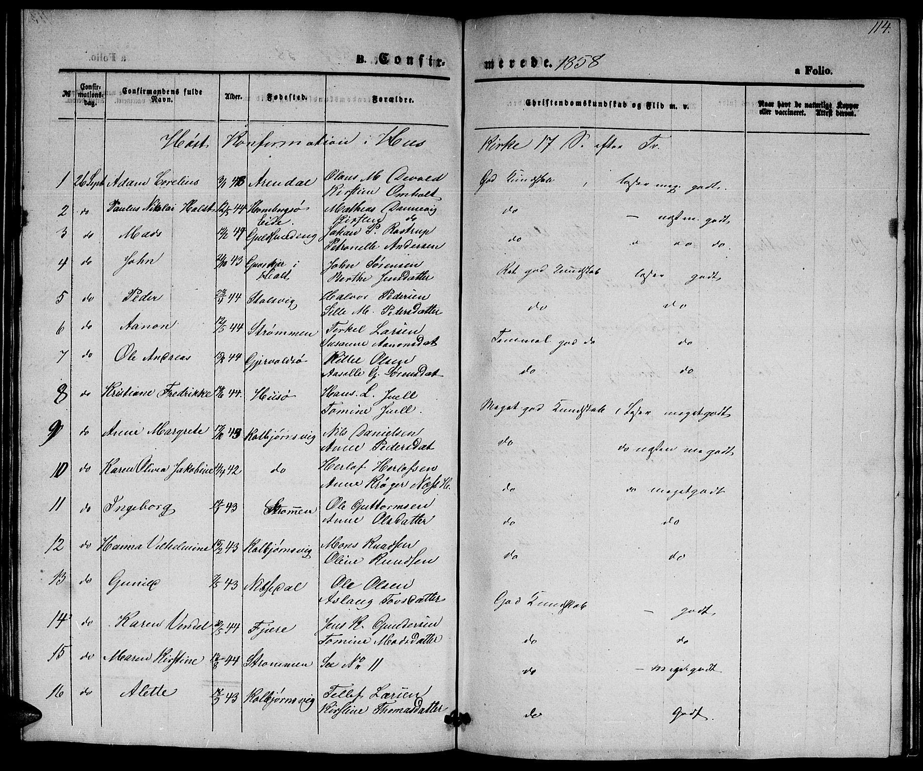 Hisøy sokneprestkontor, SAK/1111-0020/F/Fb/L0001: Parish register (copy) no. B 1, 1849-1872, p. 114