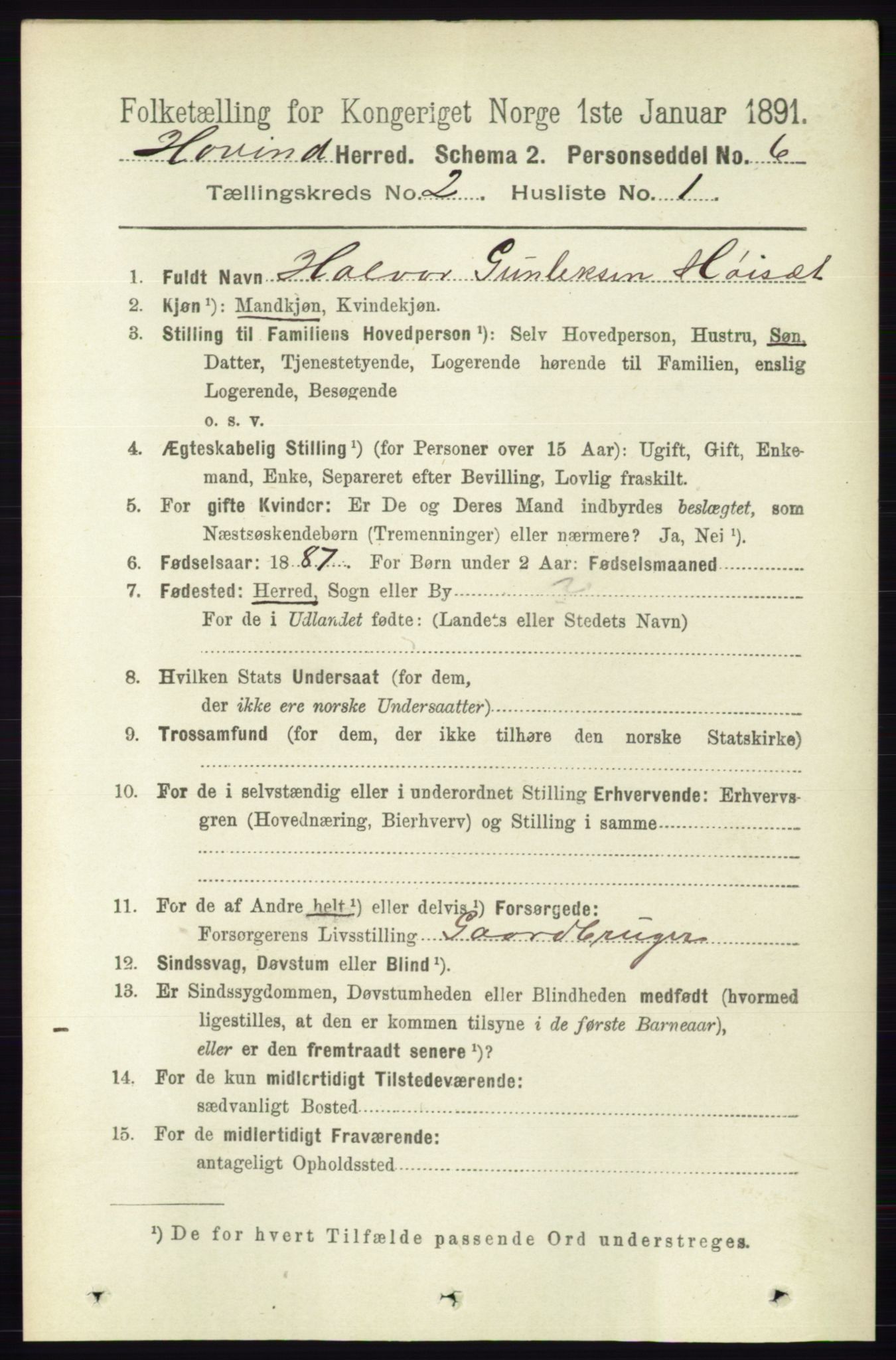 RA, 1891 census for 0825 Hovin, 1891, p. 495