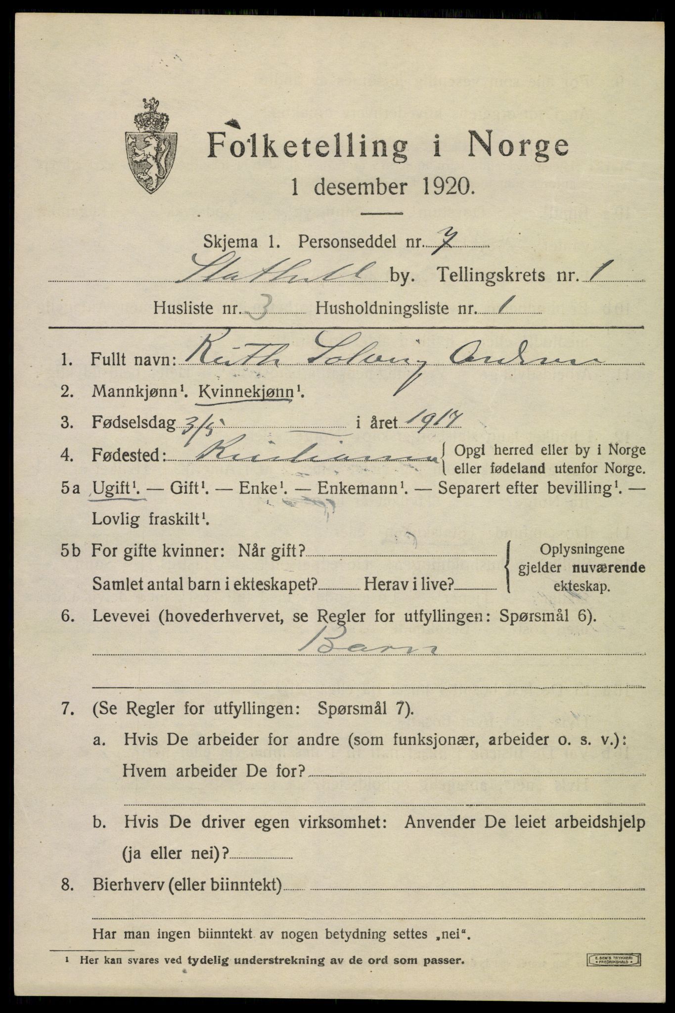SAKO, 1920 census for Stathelle, 1920, p. 571