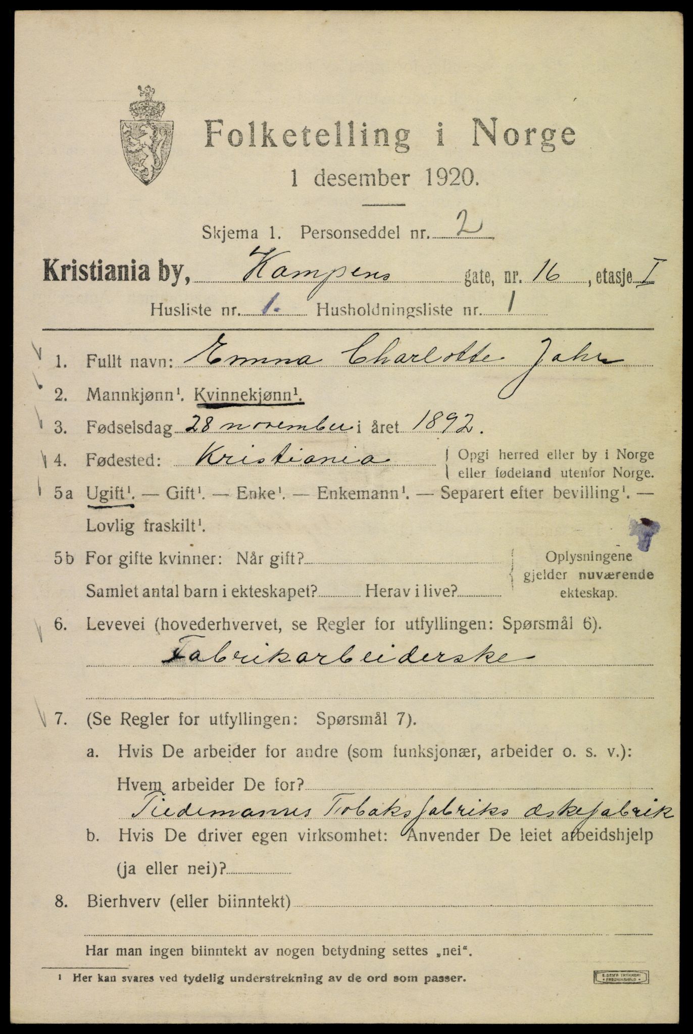 SAO, 1920 census for Kristiania, 1920, p. 325997