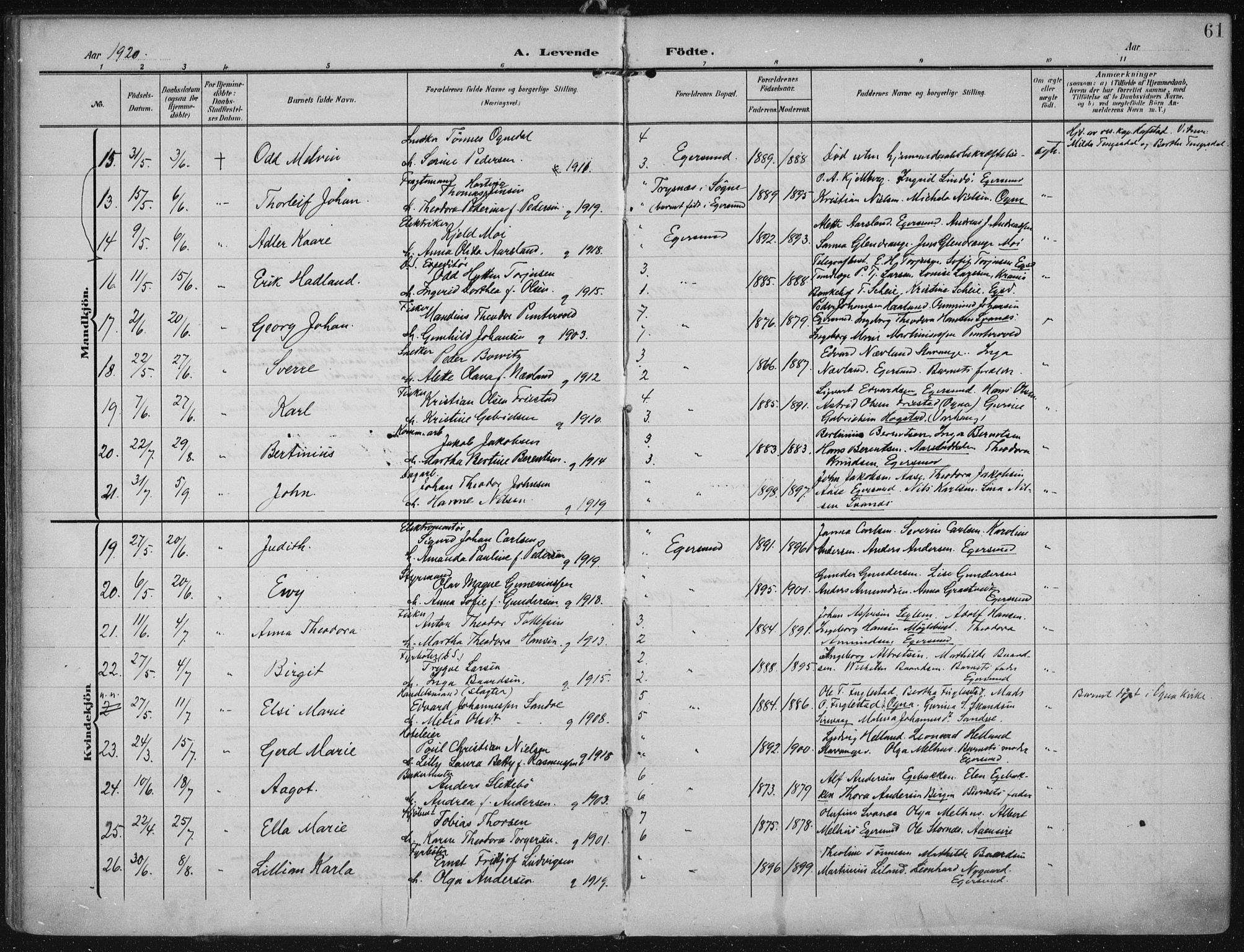 Eigersund sokneprestkontor, AV/SAST-A-101807/S08/L0022: Parish register (official) no. A 21, 1905-1928, p. 61