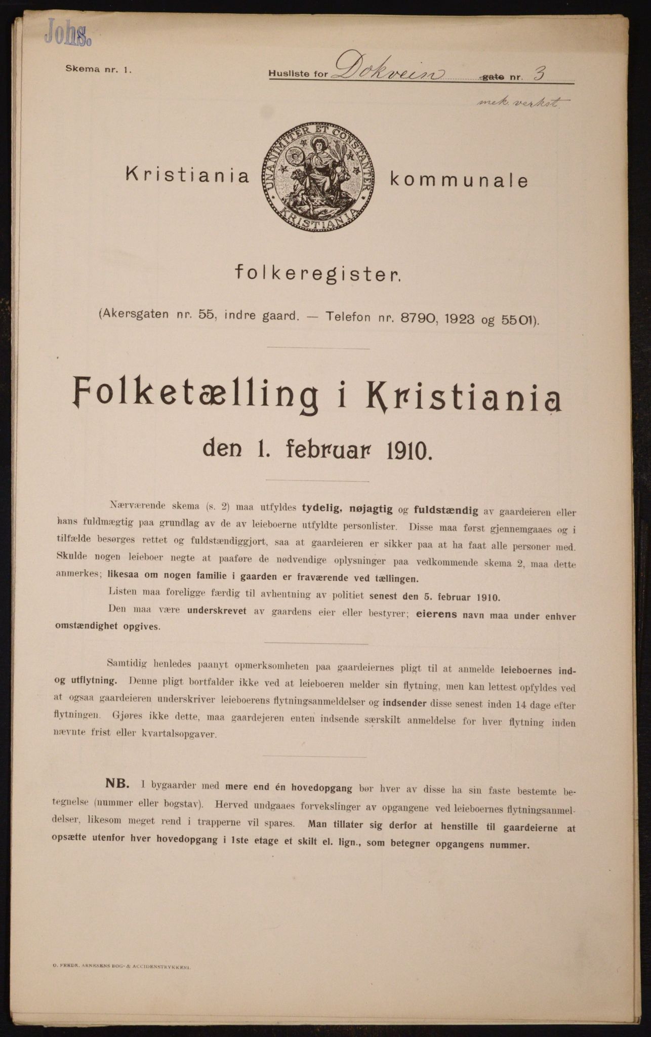 OBA, Municipal Census 1910 for Kristiania, 1910, p. 15160