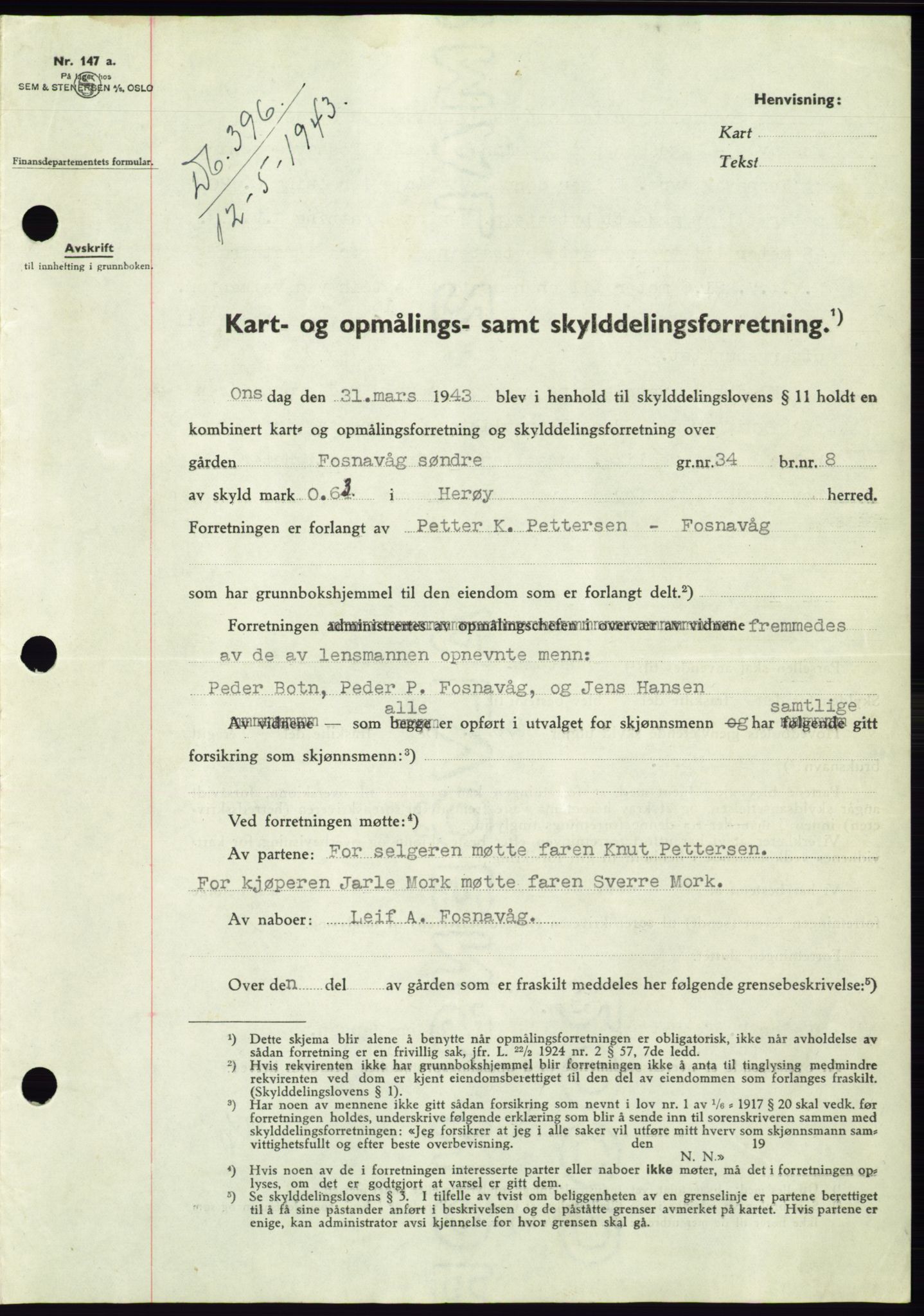 Søre Sunnmøre sorenskriveri, AV/SAT-A-4122/1/2/2C/L0075: Mortgage book no. 1A, 1943-1943, Diary no: : 396/1943