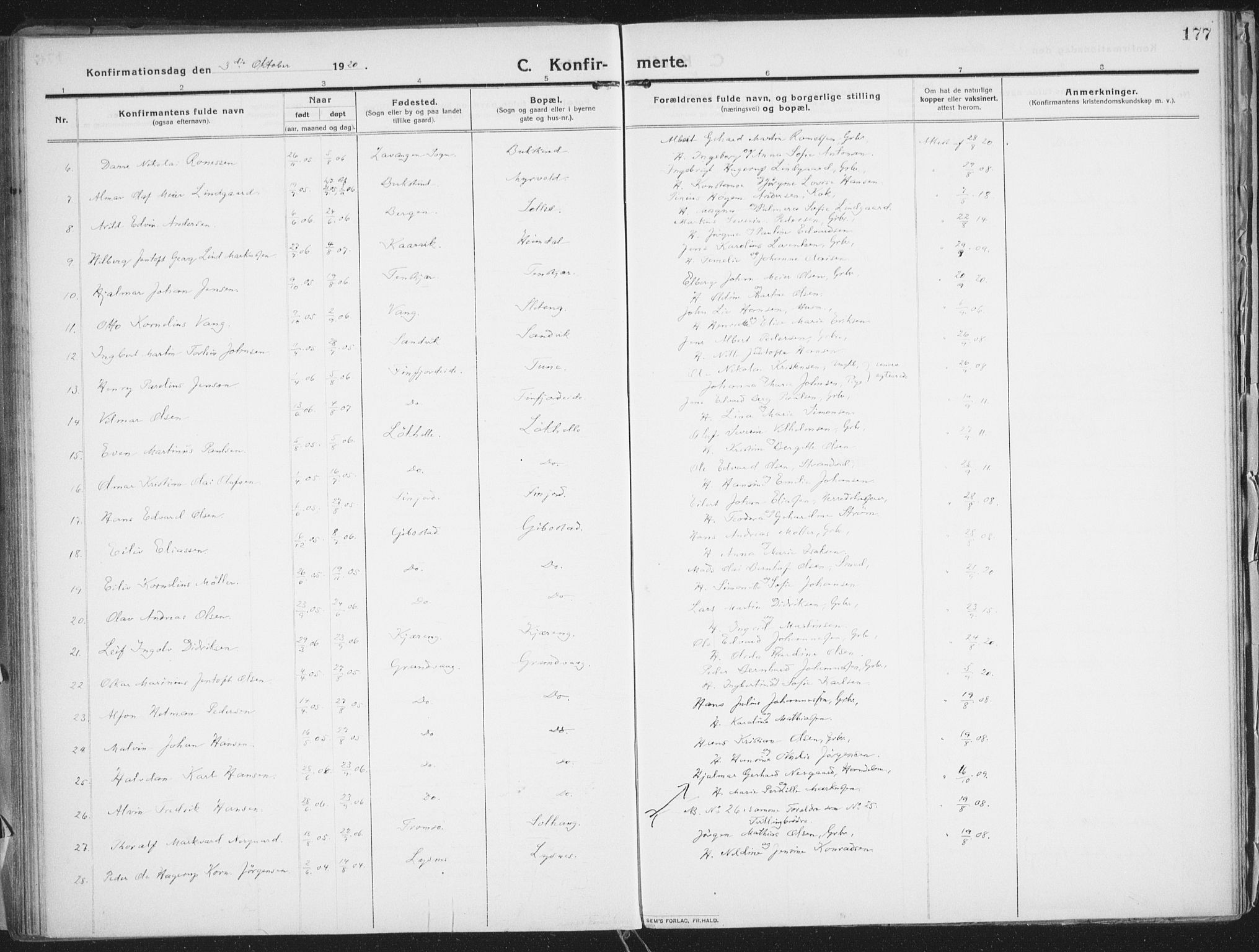 Lenvik sokneprestembete, AV/SATØ-S-1310/H/Ha/Haa/L0016kirke: Parish register (official) no. 16, 1910-1924, p. 177