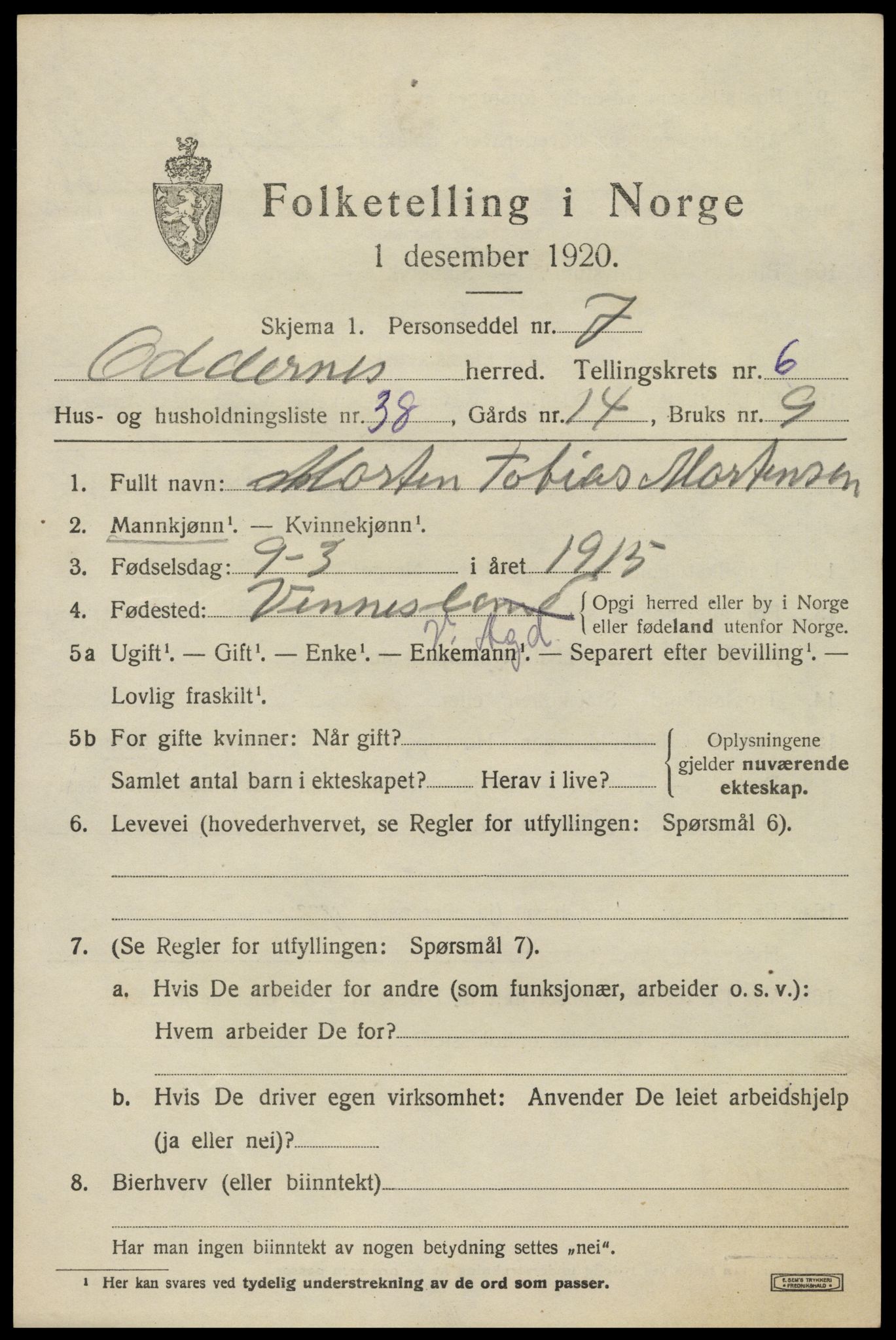 SAK, 1920 census for Oddernes, 1920, p. 5383