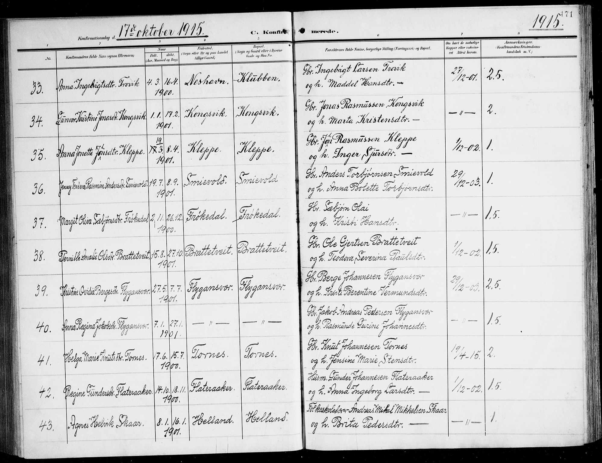 Tysnes sokneprestembete, AV/SAB-A-78601/H/Haa: Parish register (official) no. D 2, 1905-1922, p. 171