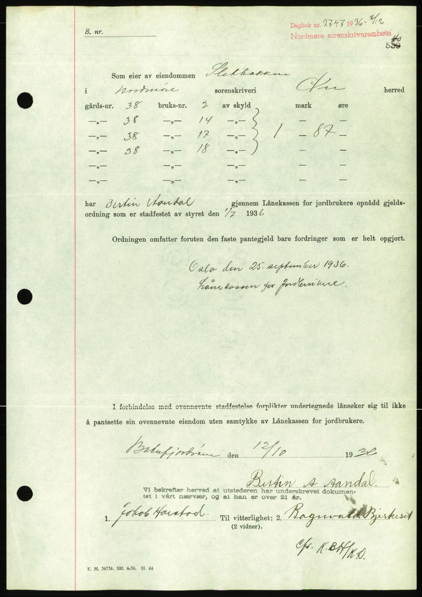 Nordmøre sorenskriveri, AV/SAT-A-4132/1/2/2Ca/L0090: Mortgage book no. B80, 1936-1937, Diary no: : 2747/1936