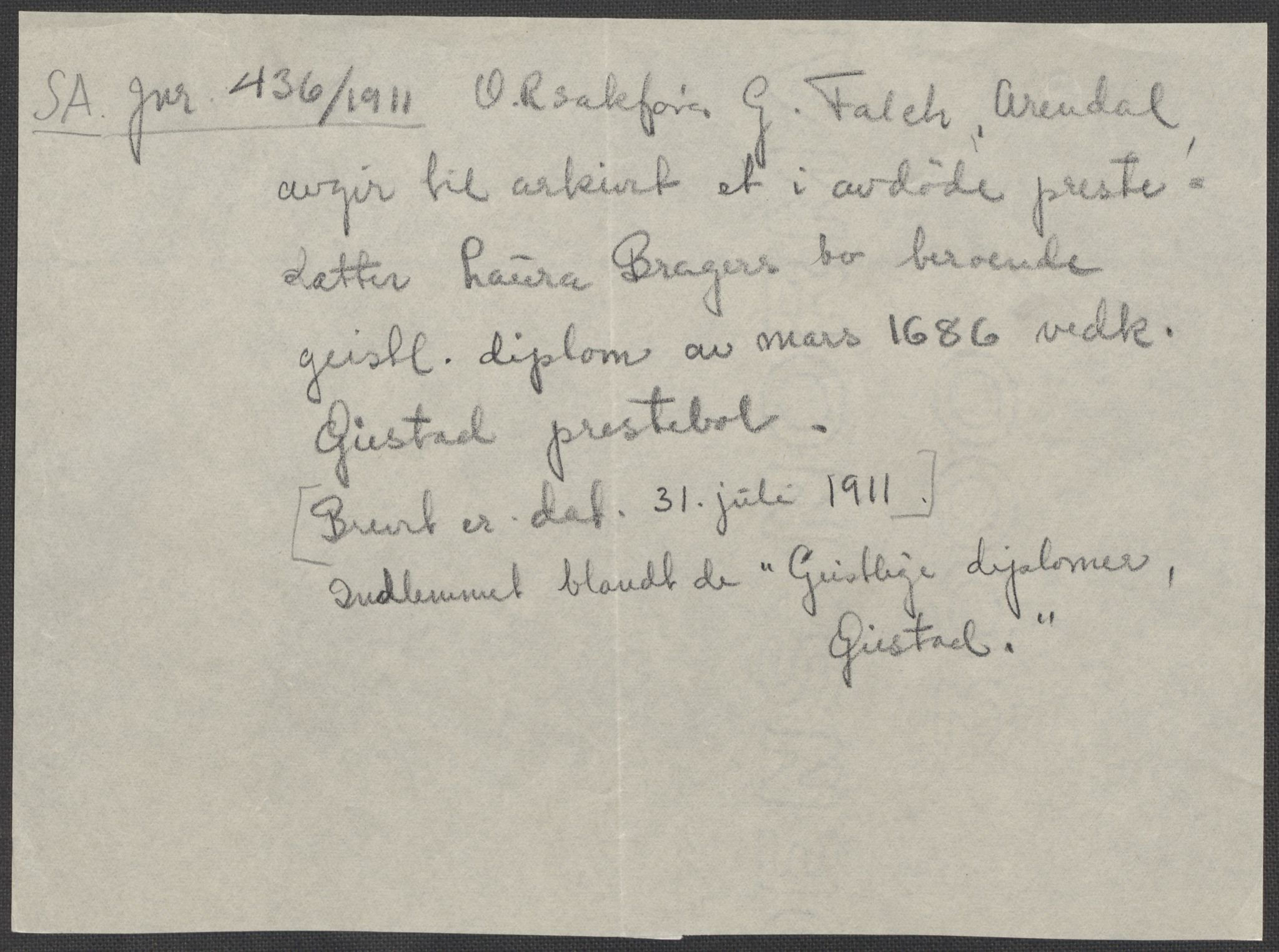 Riksarkivets diplomsamling, AV/RA-EA-5965/F15/L0031: Prestearkiv - Aust-Agder, Vest-Agder og Rogaland, 1575-1768, p. 10