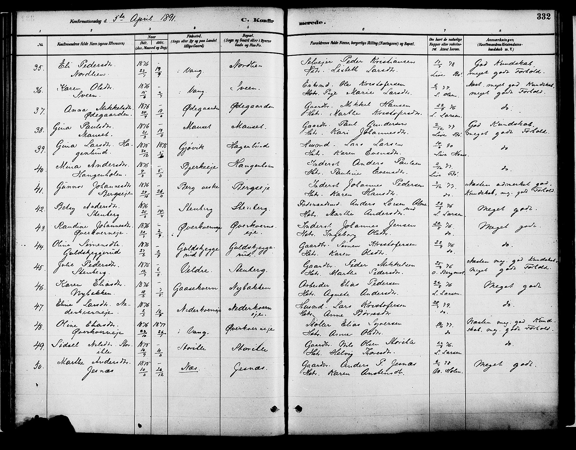 Vang prestekontor, Hedmark, SAH/PREST-008/H/Ha/Haa/L0018B: Parish register (official) no. 18B, 1880-1906, p. 332