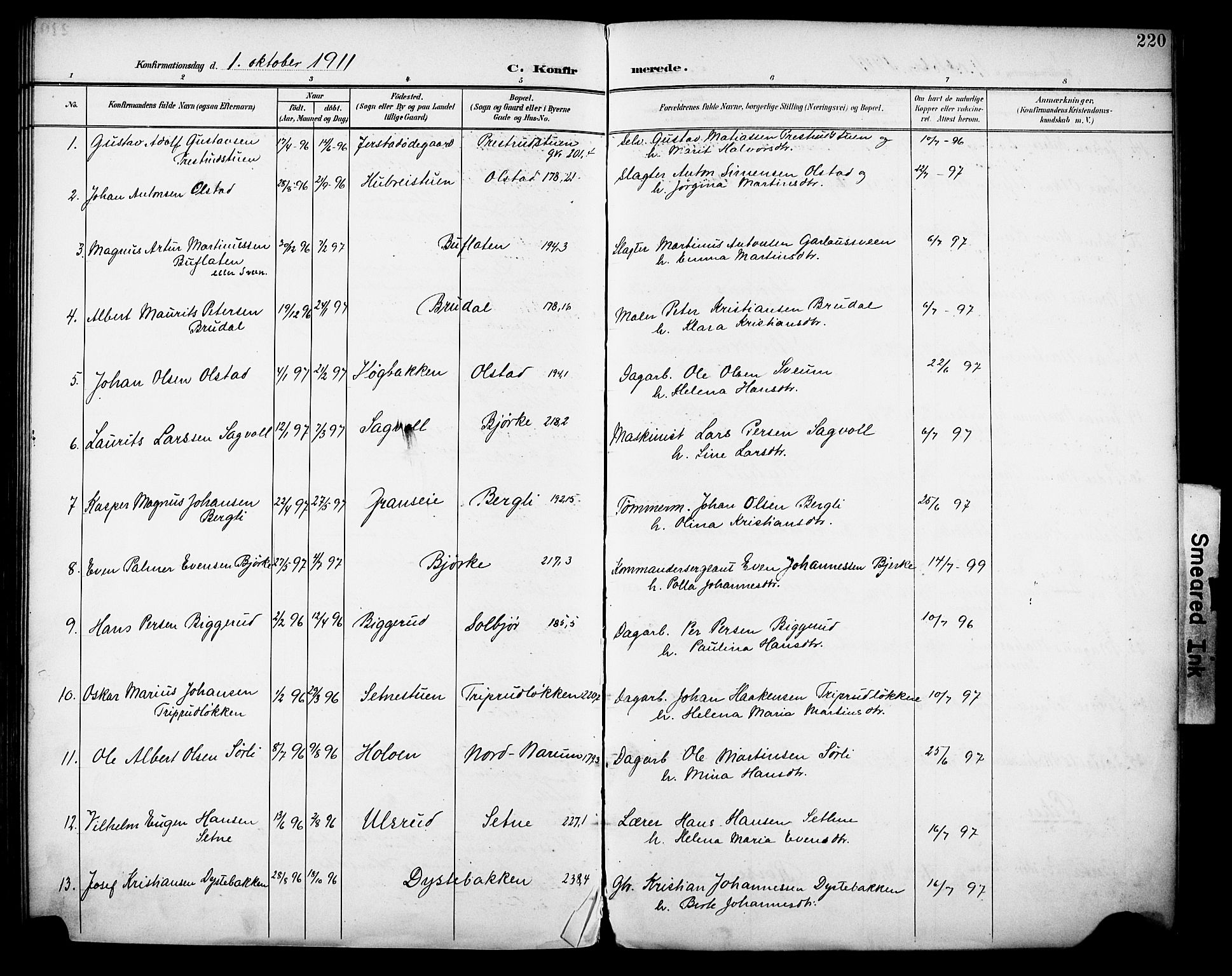 Vestre Toten prestekontor, SAH/PREST-108/H/Ha/Haa/L0013: Parish register (official) no. 13, 1895-1911, p. 220