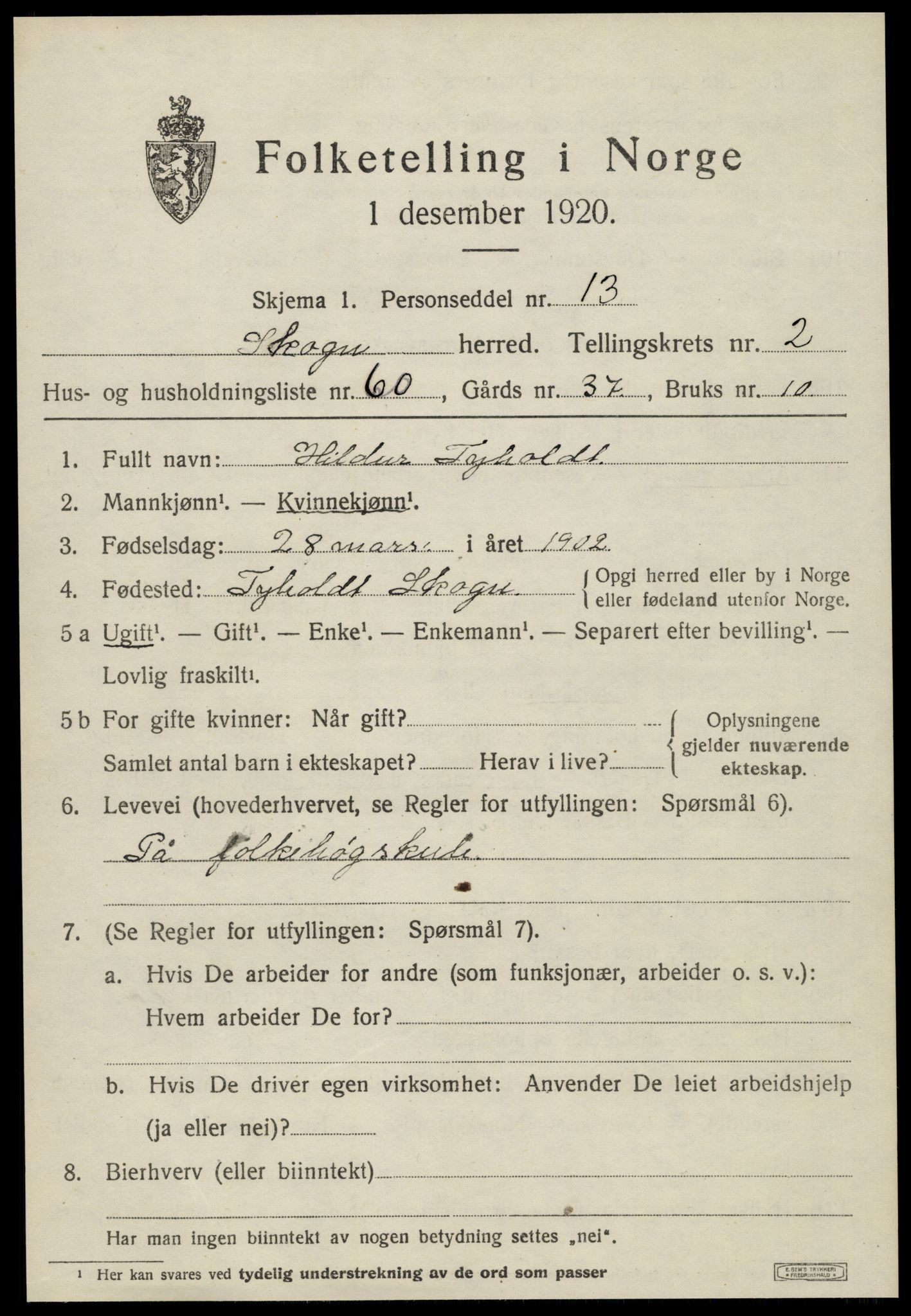 SAT, 1920 census for Skogn, 1920, p. 3671